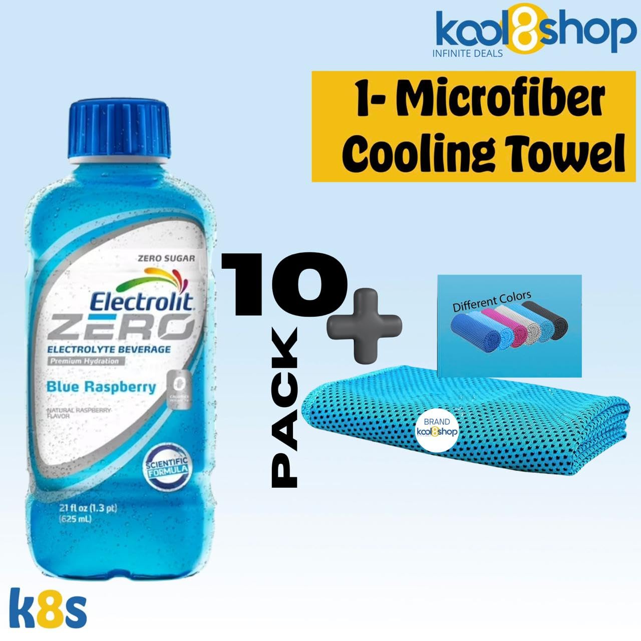 Electrolit Zero Blue Raspberry Hydration Drink With Electrolytes 21 Fl Oz Plastic Bottle 10 Pack + 1 Microfiber Cooling Towel By