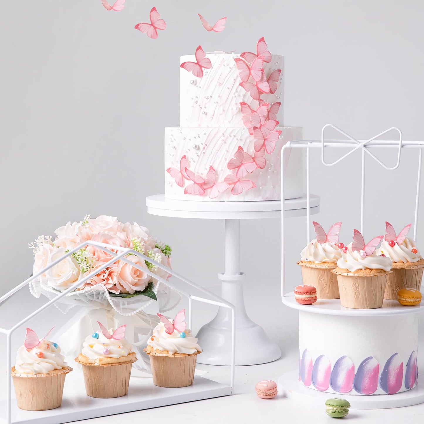 50Pcs Edible Pink Butterfly Cupcake Toppers Edible Wafer Paper Butterfly Decorations For Women Girls' Happy Birthday Cake Topper
