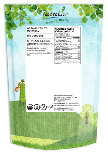 Food To Live Organic Yellow Mung Dal, 5 Pounds - Non-Gmo, Peeled Split Mung Beans (Moong Dal). Ayurvedic Food. Easy To Cook. Hig