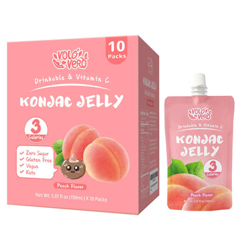 VOLO VERO Konjac Jelly Squeeze Pouch Peach Flavor, Low Calories (3 Kcal), 10 Packs, Gluten Free & Vegan, 0 Sugar, Keto, Low Carb