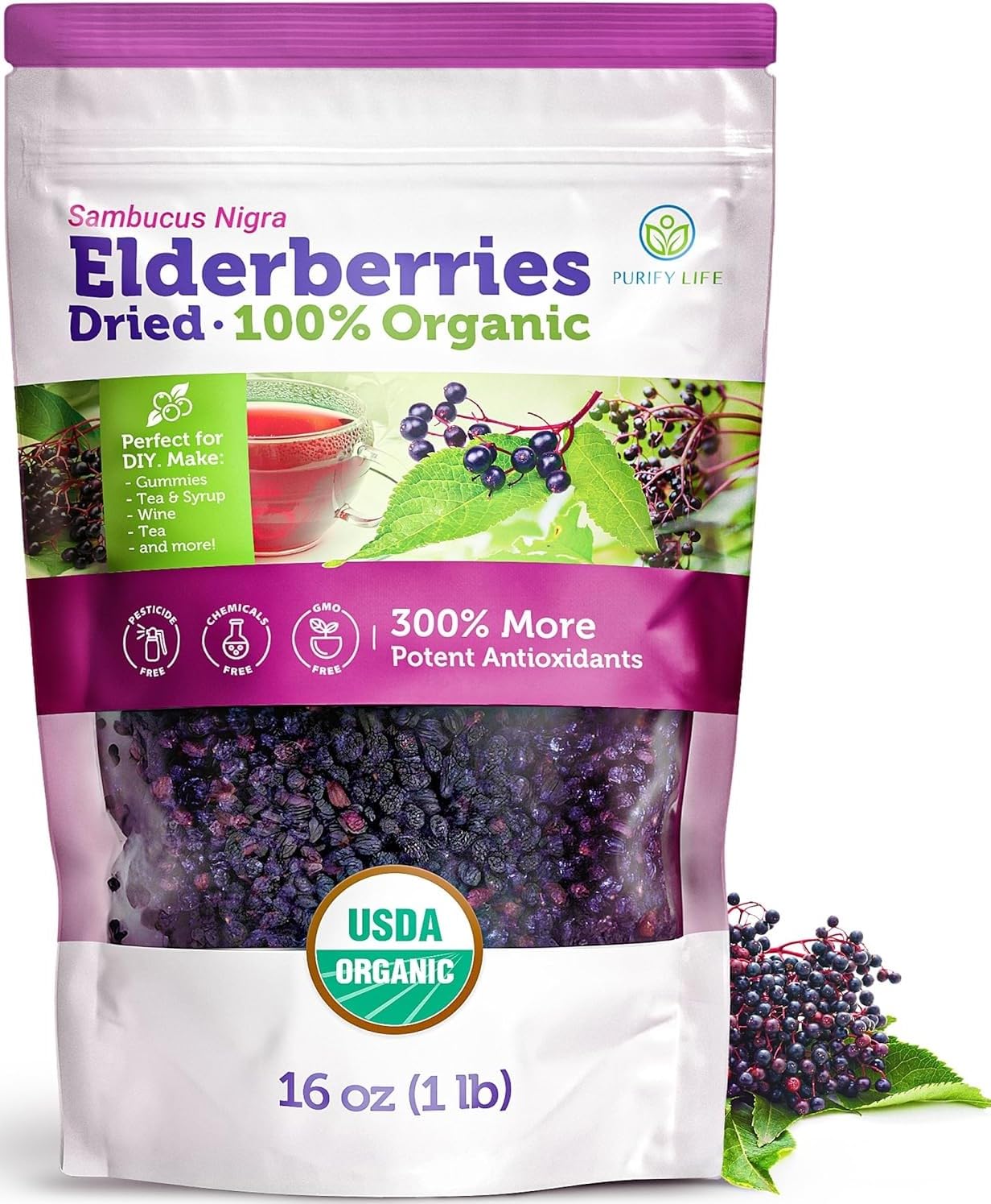 Certified USDA - 100% Organic Dried Elderberries - 1lb Bulk - Non-Irradiated  Non-Gmo  Whole Black Elderberry Immune Support For Making Elder Syrup  Gummies  Tea - Raw Vegan Sambucus 1 Pound