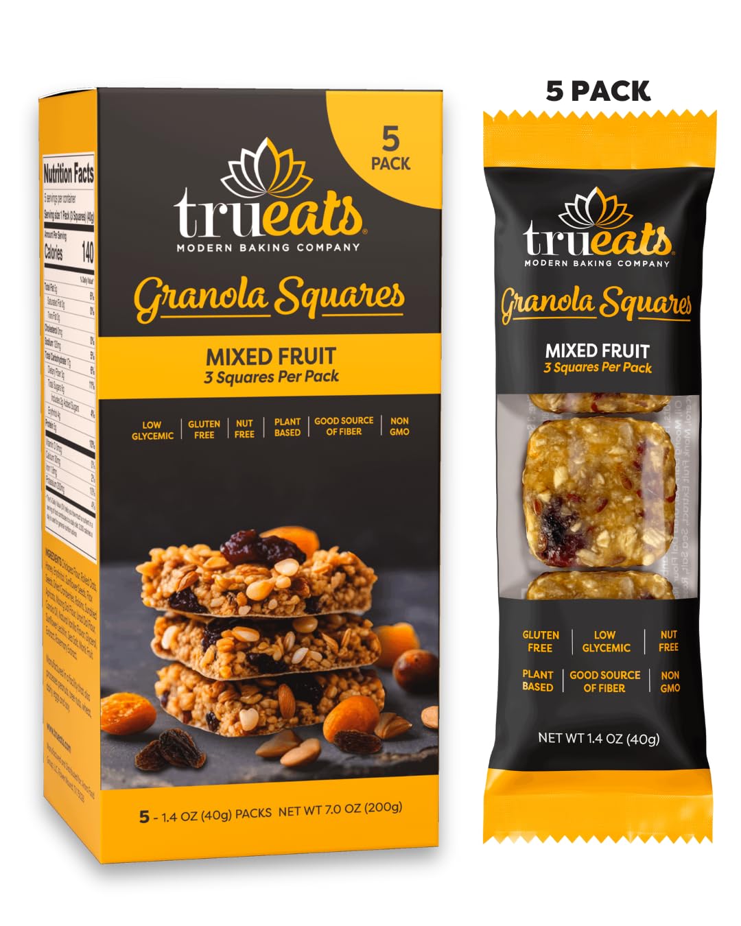 TruEats Chewy Granola Squares - Mixed Fruit - Plant Based Protein, Gluten Free - 5 Pack (3 Squares per Pack)