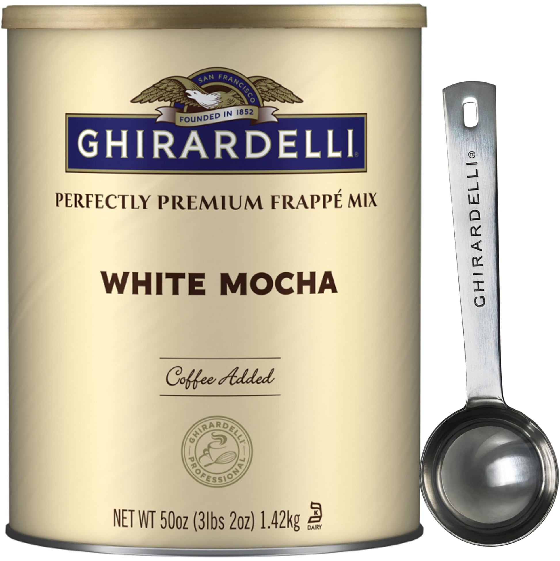 Ghirardelli White Mocha Premium Frappé Mix, 50 Ounce Can, Includes Stamped Barista Spoon