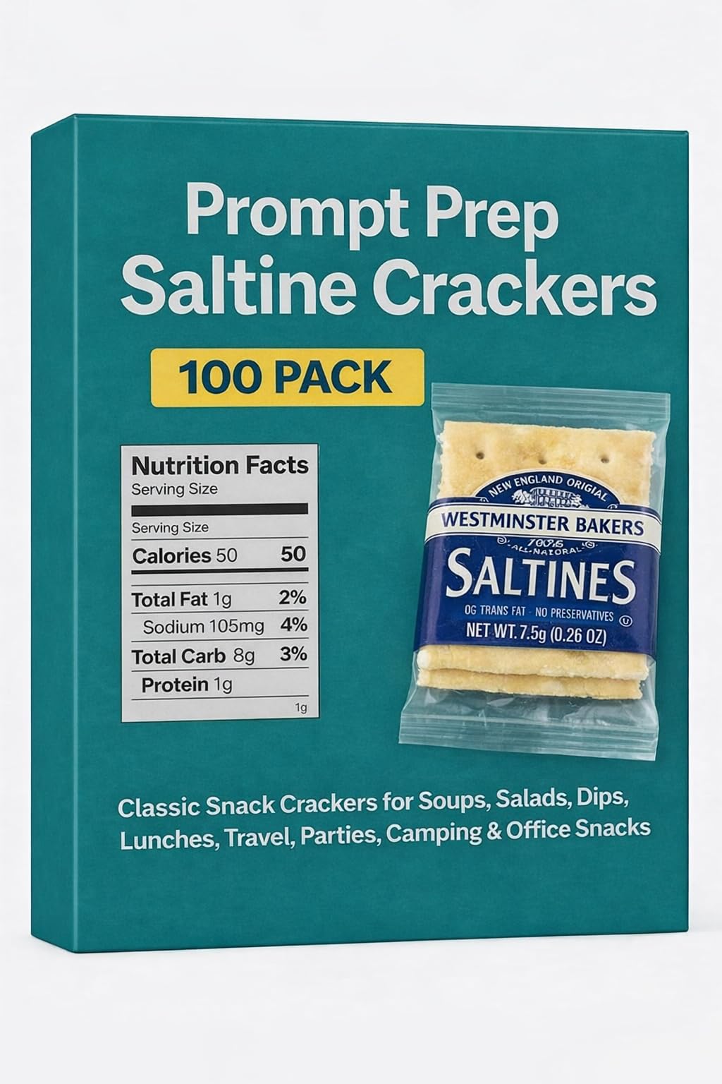 Prompt Prep Westminster Saltine Crackers, 100 Pack - Individually Wrapped Saltines, Fresh Baked Snack Crackers for Soups, Salads