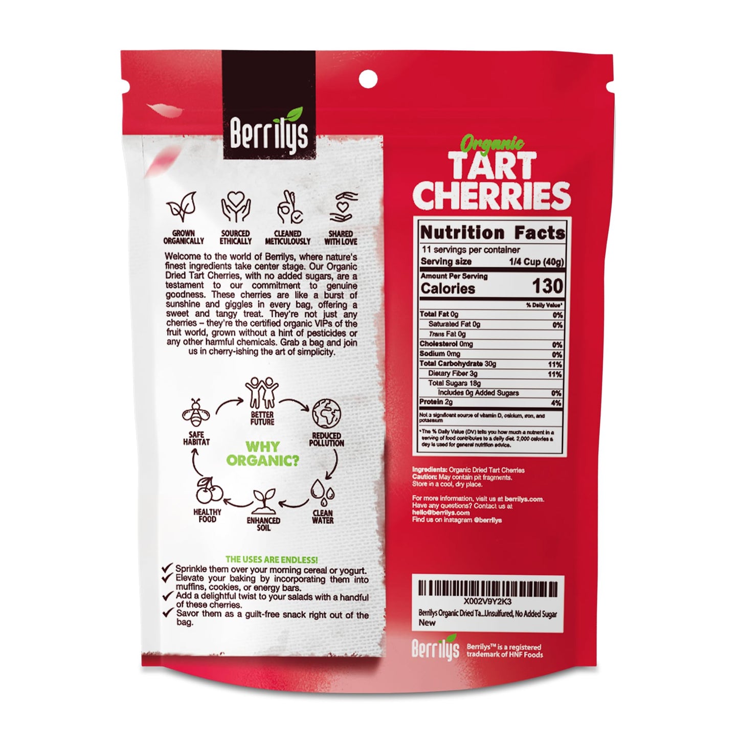 Berrilys Organic Unsweetened Dried Tart Cherries - Non-GMO, Vegan, 1 lb (16 oz) for Baking and Snacking