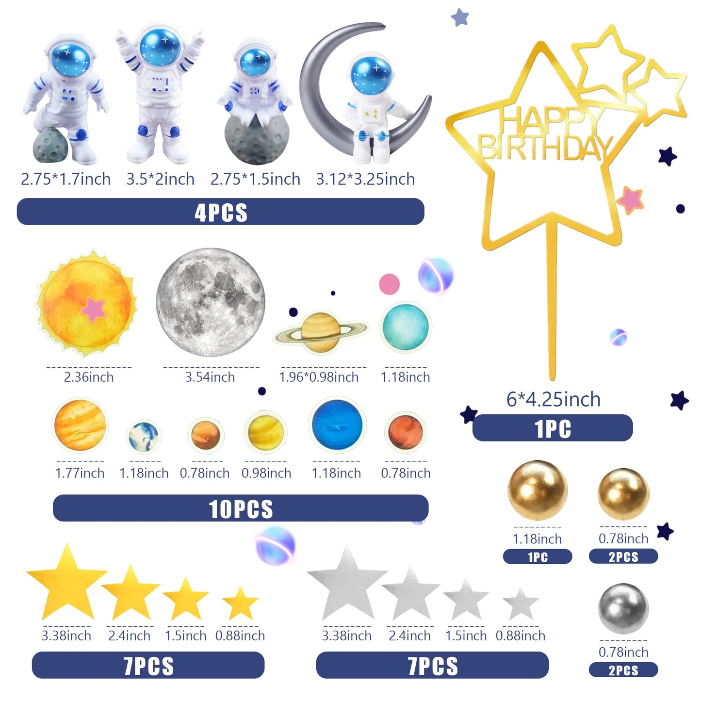 34 Pcs Space Cake Toppers Outer Space Astronaut Figurines Planet Satellite Balls And Stars Kids Space Theme Decorations For Birt
