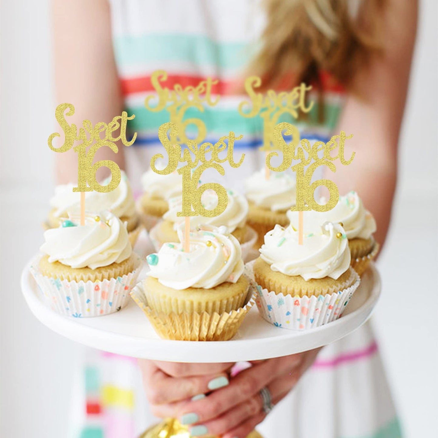 Ercadio 24 Pack Sweet 16 Cupcake Toppers Gold Glitter Age Sixteen Cupcake Picks Anniversary 16Th Kids Birthday Party Cake Decors