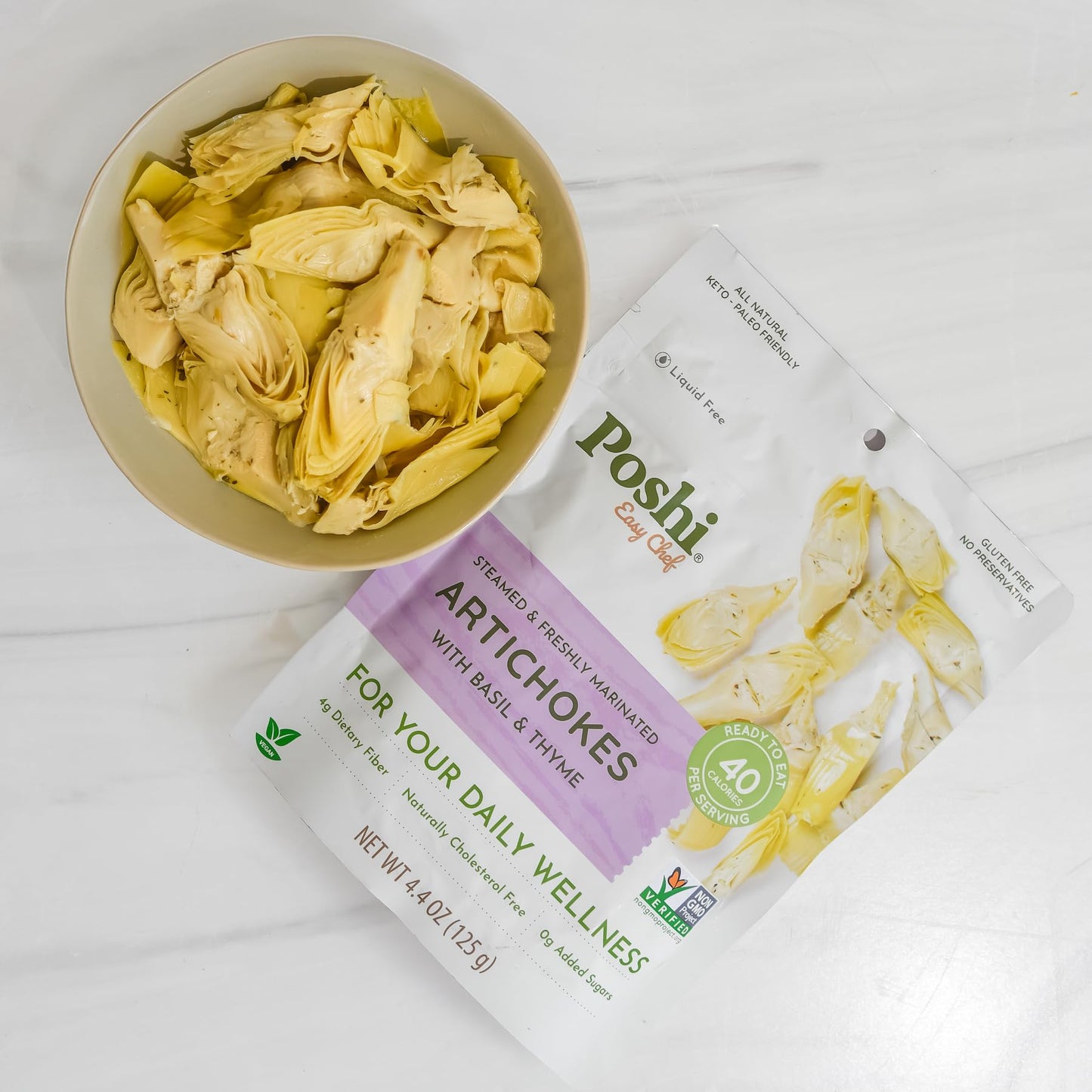 Poshi Marinated Artichoke Hearts With Basil + Thyme Natural, Keto, Vegan, Non Gmo, Low Carb + Calorie, Gluten Free Ready To Eat