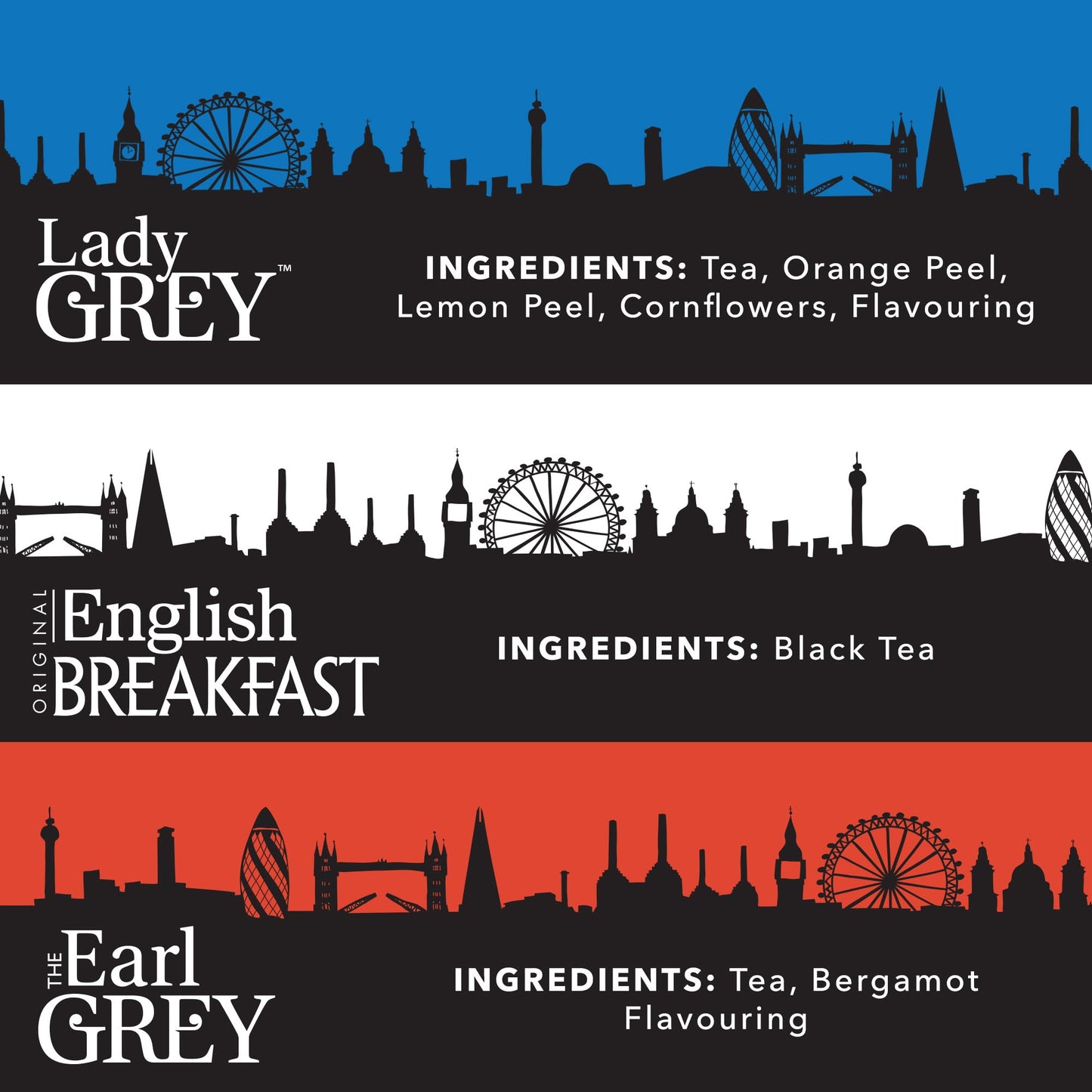 Twinings London Skyline Red, White, & Blue Commemorative Collection Of Loose Leaf Teas, Limited Edition Gift Set, 100G Tins (Pack Of 3), Original English Breakfast, The Earl Grey, & Lady Grey Tins
