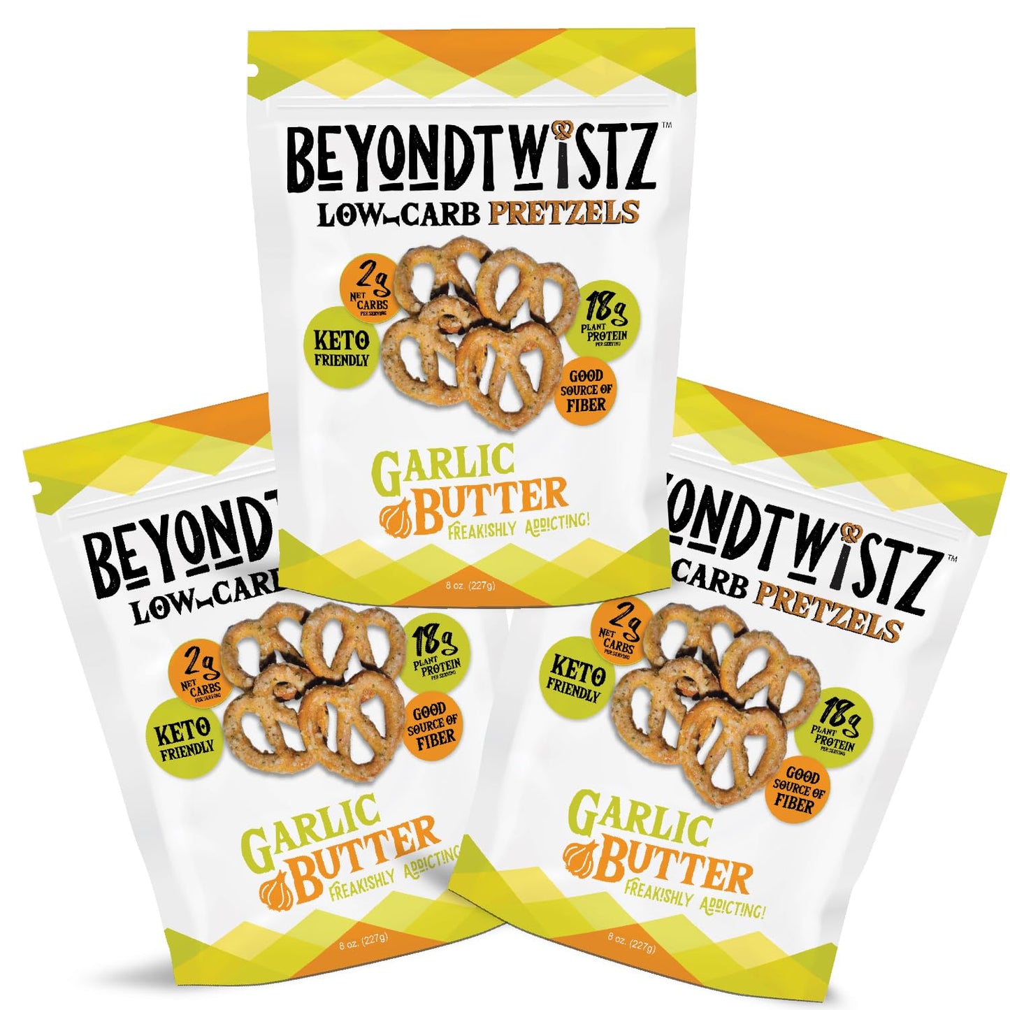BeyondChipz Low Carb Pretzels, Garlic Butter, Keto Friendly, 8oz Family Size (Pack of 3), 2g Net Carbs, 18g Protein