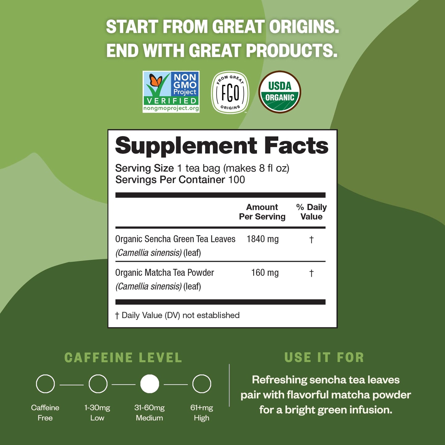 FGO Organic Japanese Matcha & Green Tea - Eco-Conscious Tea Bags, 100 Count (Pack of 1)