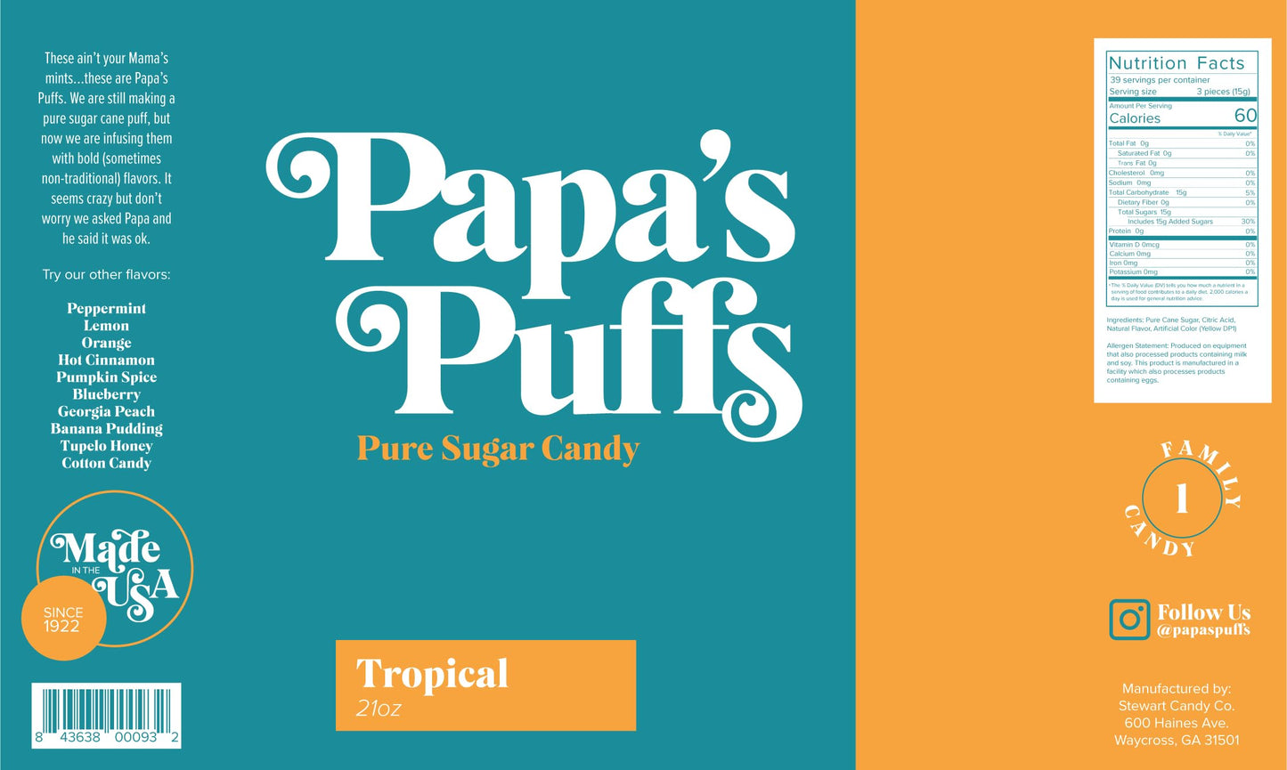 Papa'S Puffs Tropical Flavored Pure Sugar Candy - Individually Wrapped In Resealable Tub - Fat-Free, Gluten-Free, Cholesterol-Fr