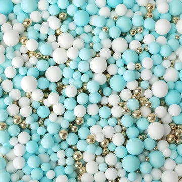 Edible Blue & White & Gold Sugar Pearls Sprinkles Candy Mix Size Pearls Cake Decorations Cupcake Toppers Decorating Perfect For