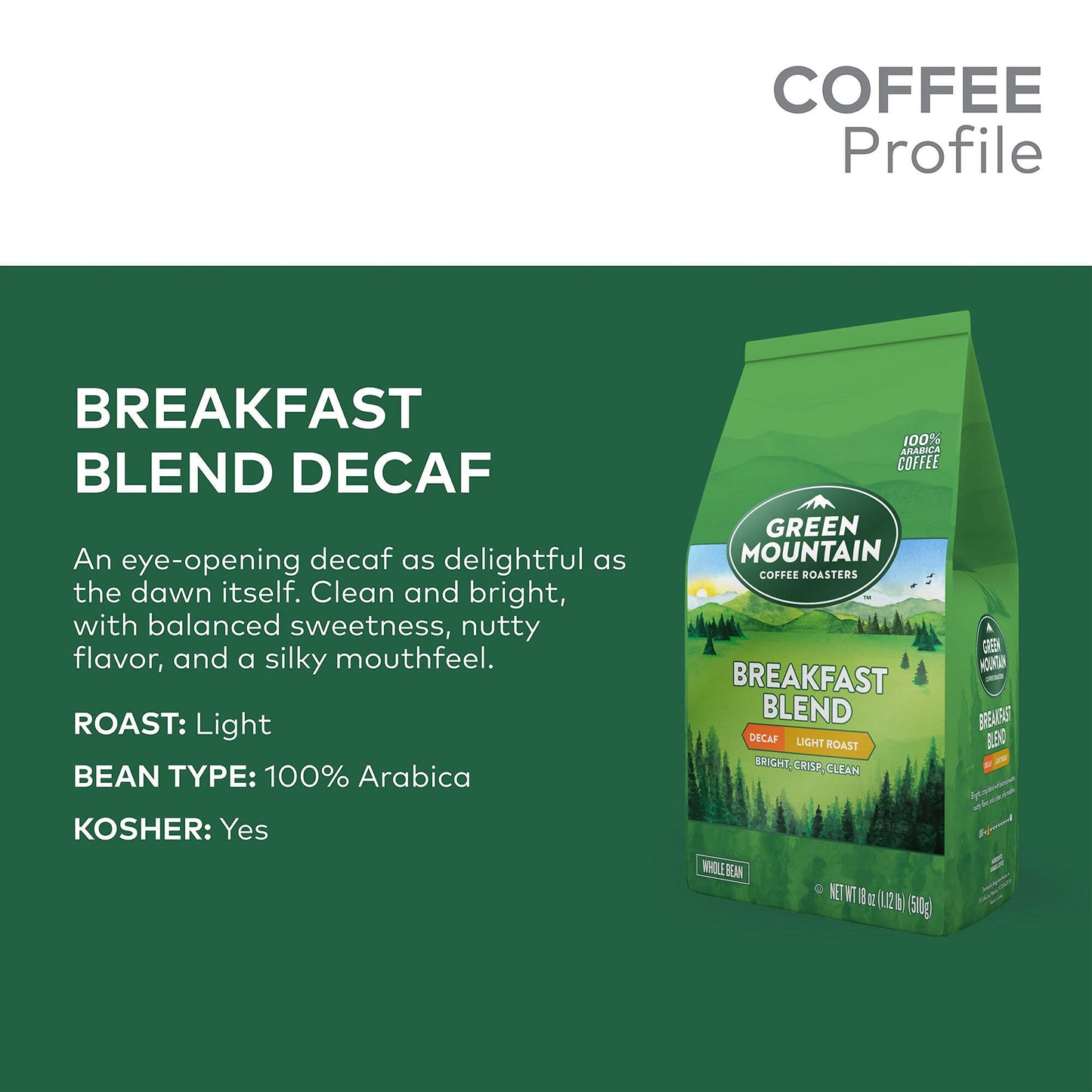 Green Mountain Coffee Roasters Breakfast Blend Decaf, Whole Bean Coffee, Light Roast, Bagged 18 oz (Pack of 3)
