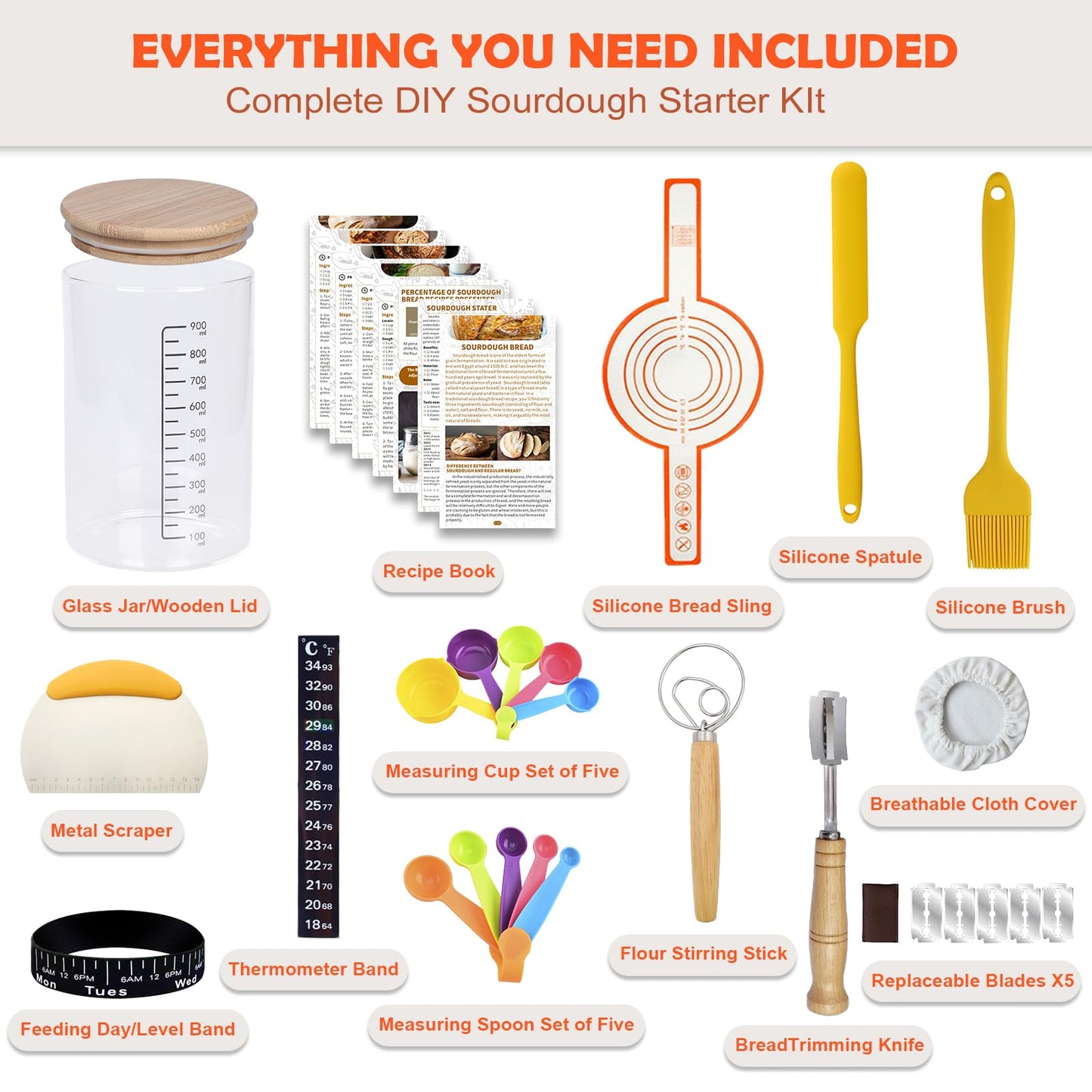 SAGOOITS Sourdough Starter Kit, 34oz Glass Jar, Yellow, Plus-01, Includes 13 Essential Baking Tools