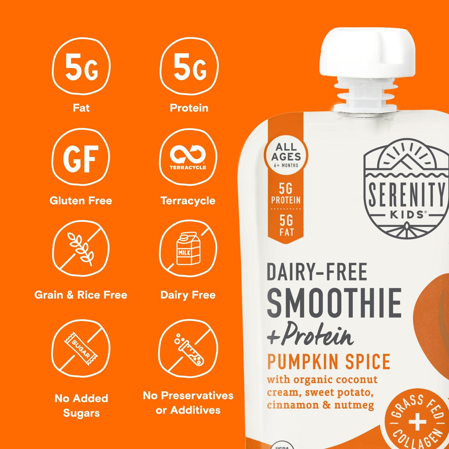 Serenity Kids 6+ Months Dairy-Free Smoothie Baby Food - USDA Organic Grass-Fed Collagen & Pumpkin Protein - 3.5 Oz BPA-Free Cans