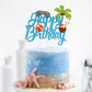 LINGBOOM Blue Glitter Summer Beach Coconut Happy Birthday Cake Topper for Pool Party Decoration and Summer Holiday Celebrations