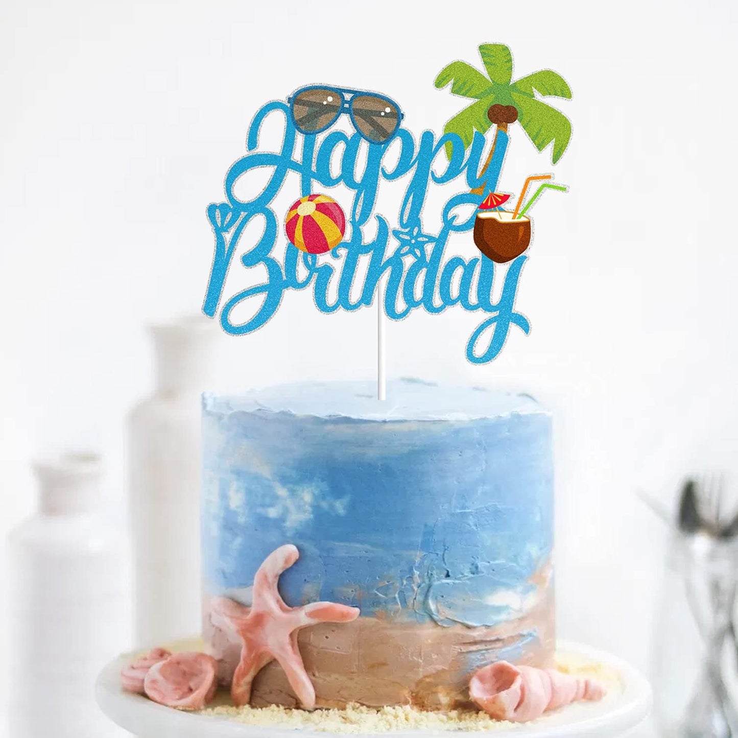 LINGBOOM Blue Glitter Summer Beach Coconut Happy Birthday Cake Topper for Pool Party Decoration and Summer Holiday Celebrations
