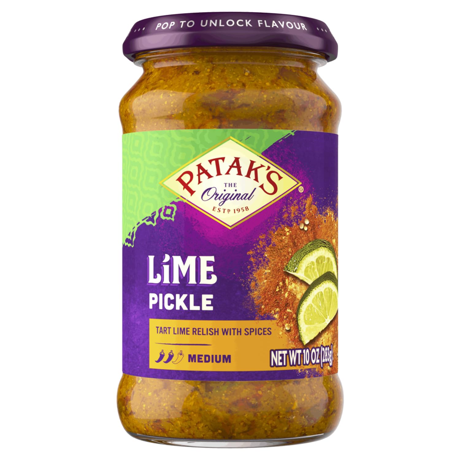 Pataks Medium Lime Pickle - Authentic Indian Pickle Relish w/Lime Dices, Mustard Seeds & Aromatic Spices - Perfect for Sandwiche