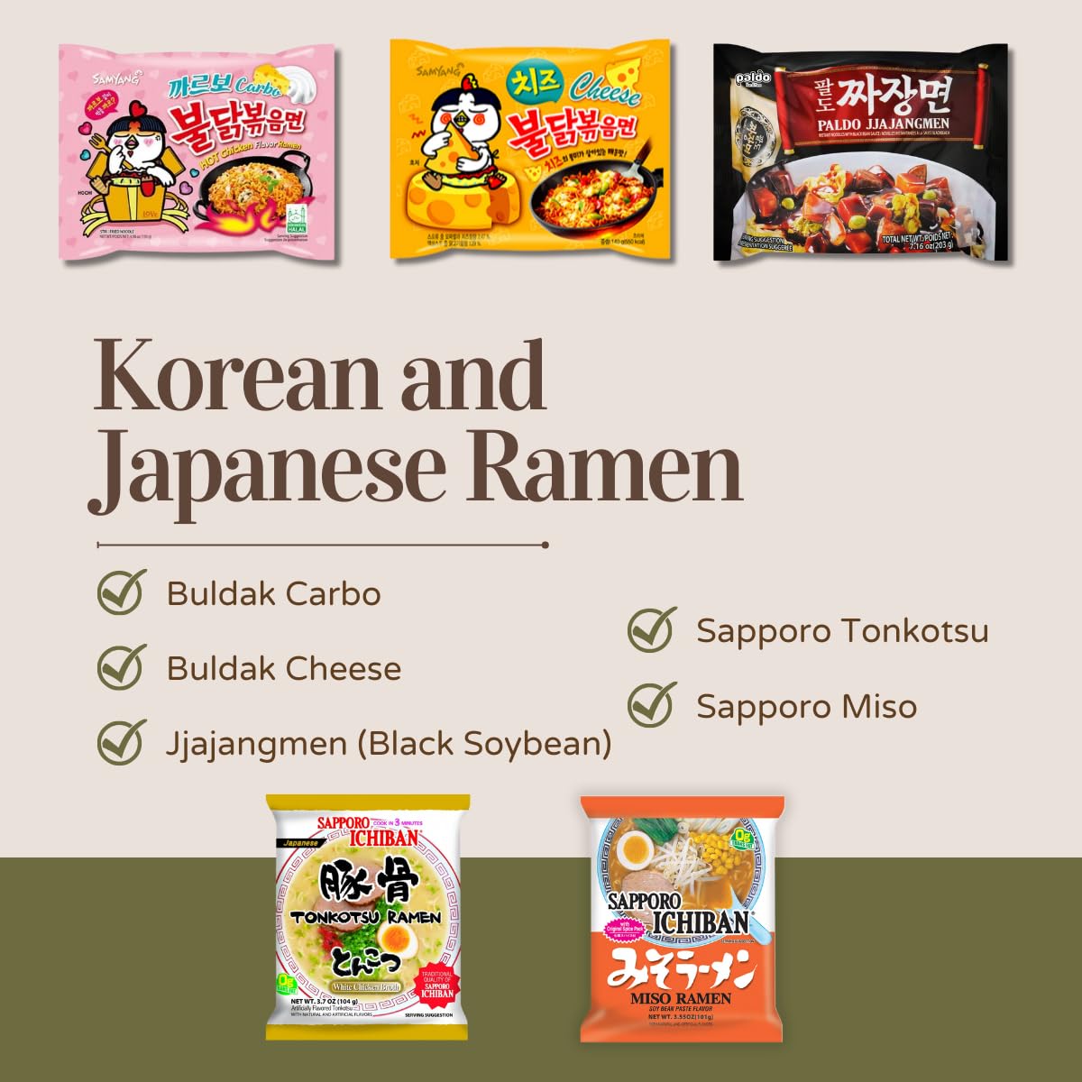 Asian Instant Ramen Noodles Variety Pack, 16 Packs, Korean Spicy Buldak, Japanese Sapporo, Thai Chef, Mama, Kung Fu