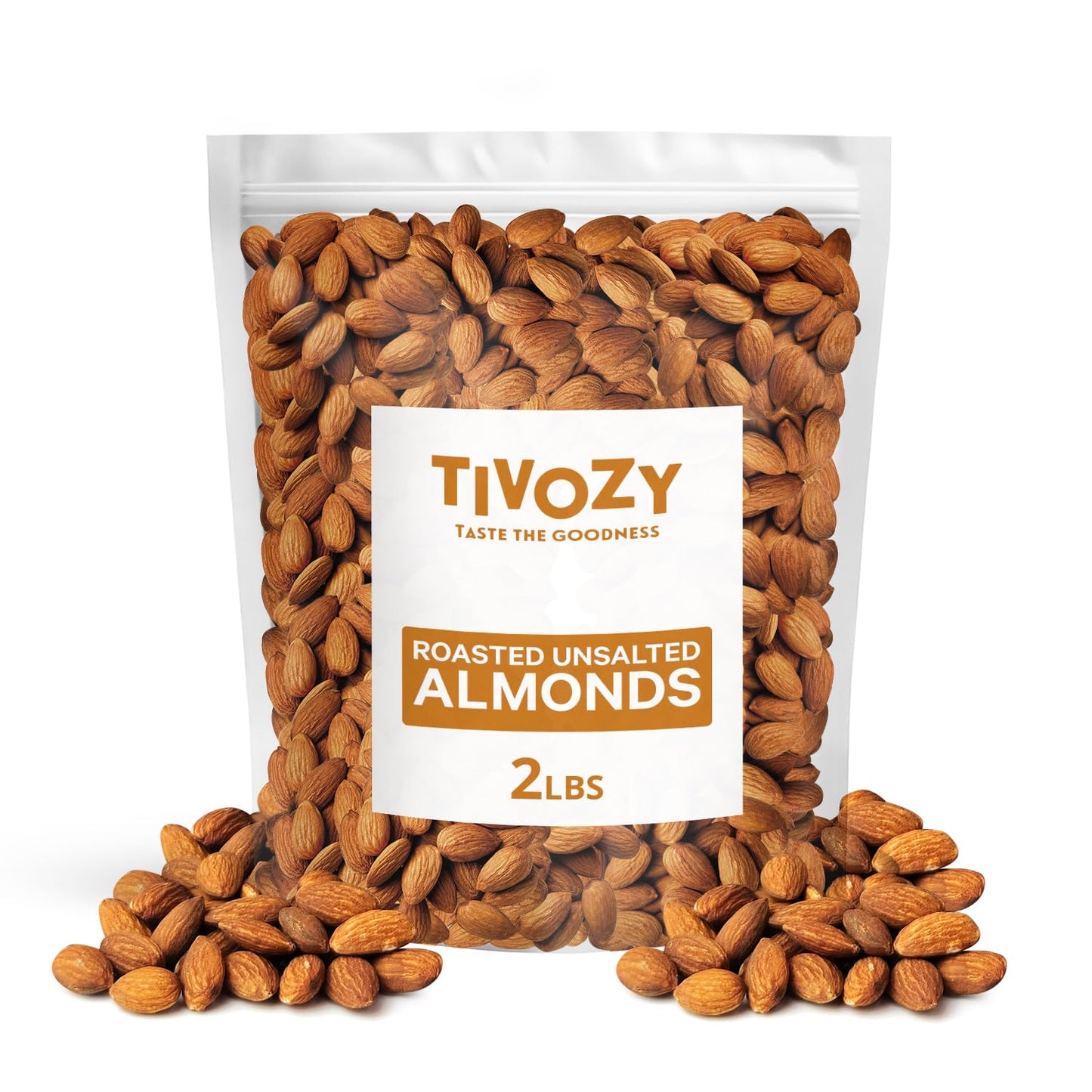 TIVOZY Roasted Unsalted Almonds, 2lb Resealable Bag, Vegan, Gluten-Free, Low Calories, Healthy Keto Snack