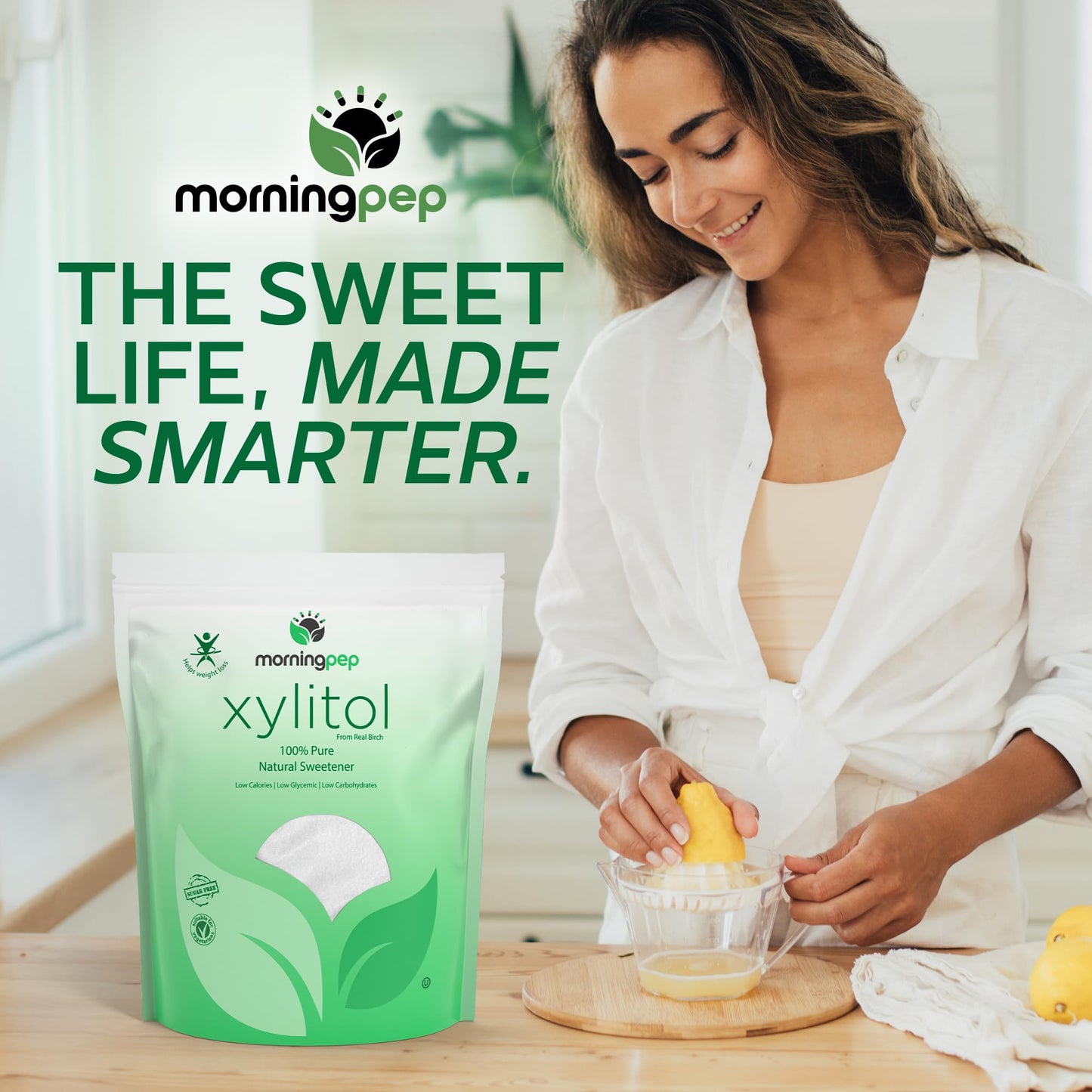 Pack Of 2 Morning Pep Pure Birch Xylitol (Keto Diet Friendly) Sweetener With No Aftertaste Bulk Size 10 Lbs (Not From Corn) Non Gmo Kosher Gluten Free Product Of Usa. Total 20 Lbs (320 Oz)