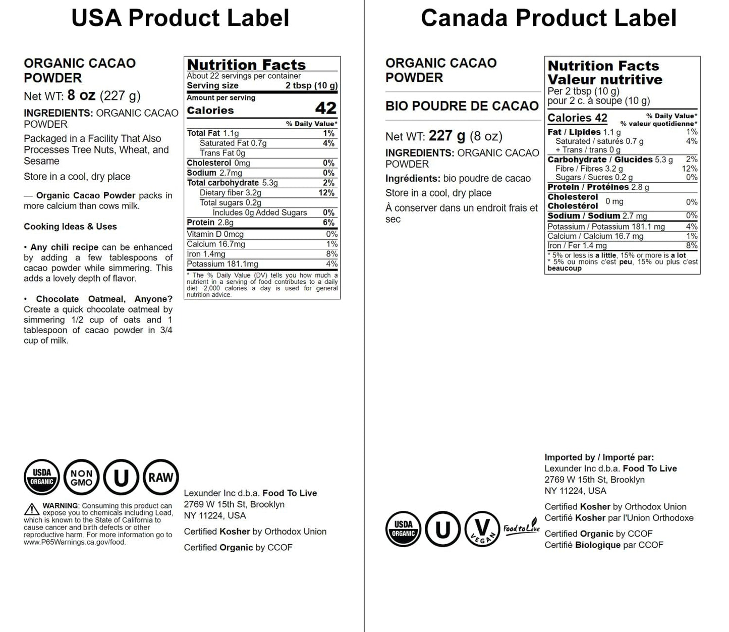 Food to Live Organic Cacao Powder, Non-GMO, Kosher, Unsweetened, 8 Ounces