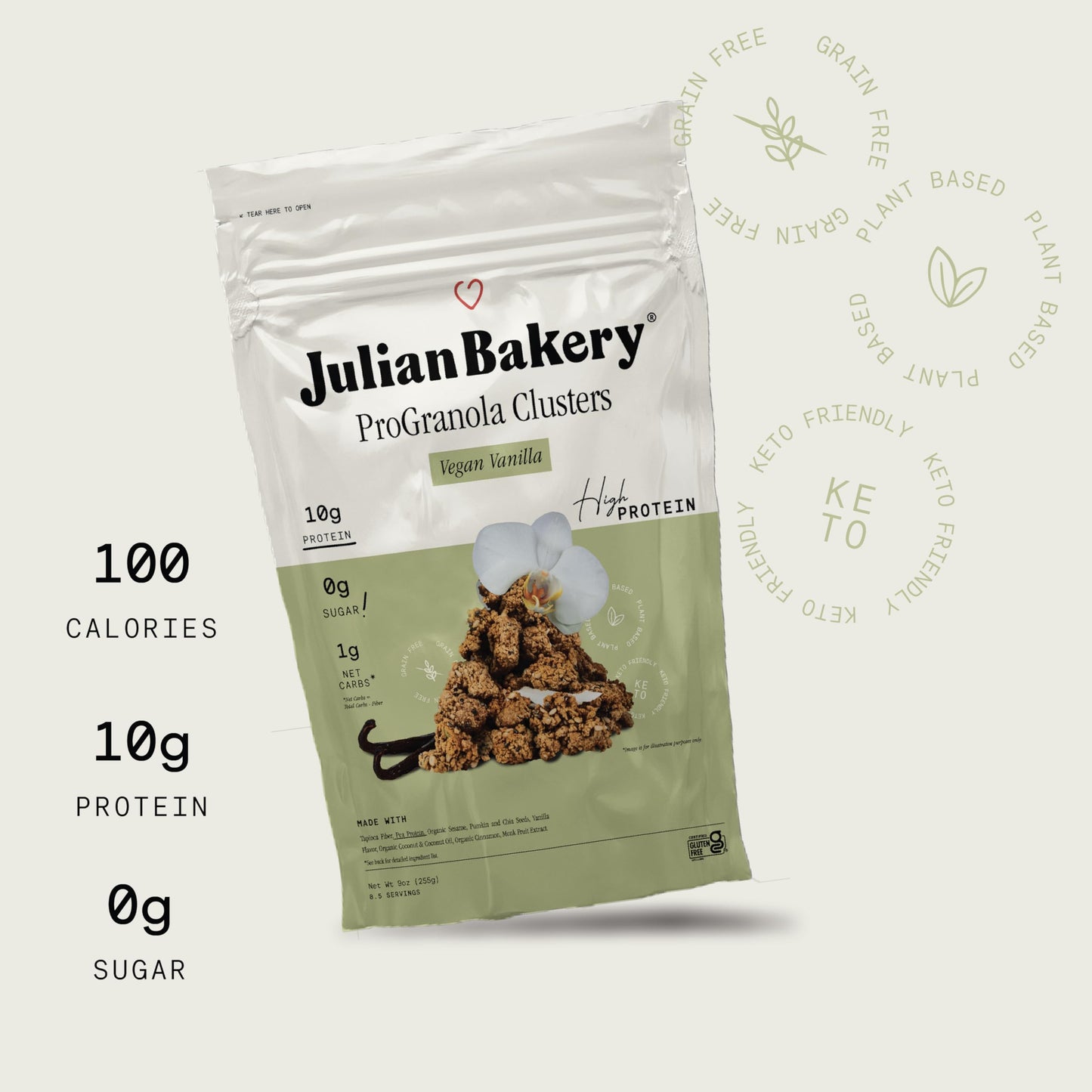 Julian Bakery Progranola Cereal | Vegan | Vanilla Cluster | 10G Protein | 1 Net Carb | Gluten-Free | Grain-Free | 9Oz (3 Pack)