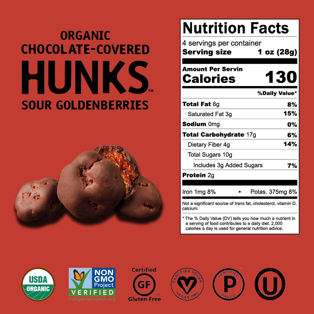 Hu Hunks Vegan Chocolate Covered Sour Goldenberries | 2 Pack | Non-Gmo, Gluten Free, Paleo, Organic Dark Chocolate