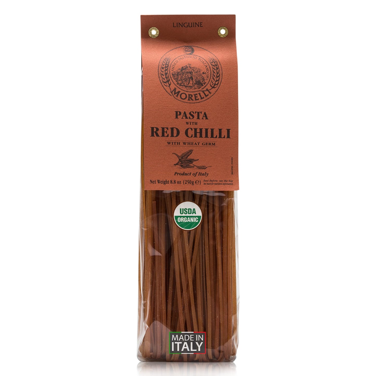 Morelli Organic Red Chili Linguine Pasta - All Natural Durum Wheat Semolina with Wheat Germ from Italy - Gourmet Pasta and Non G