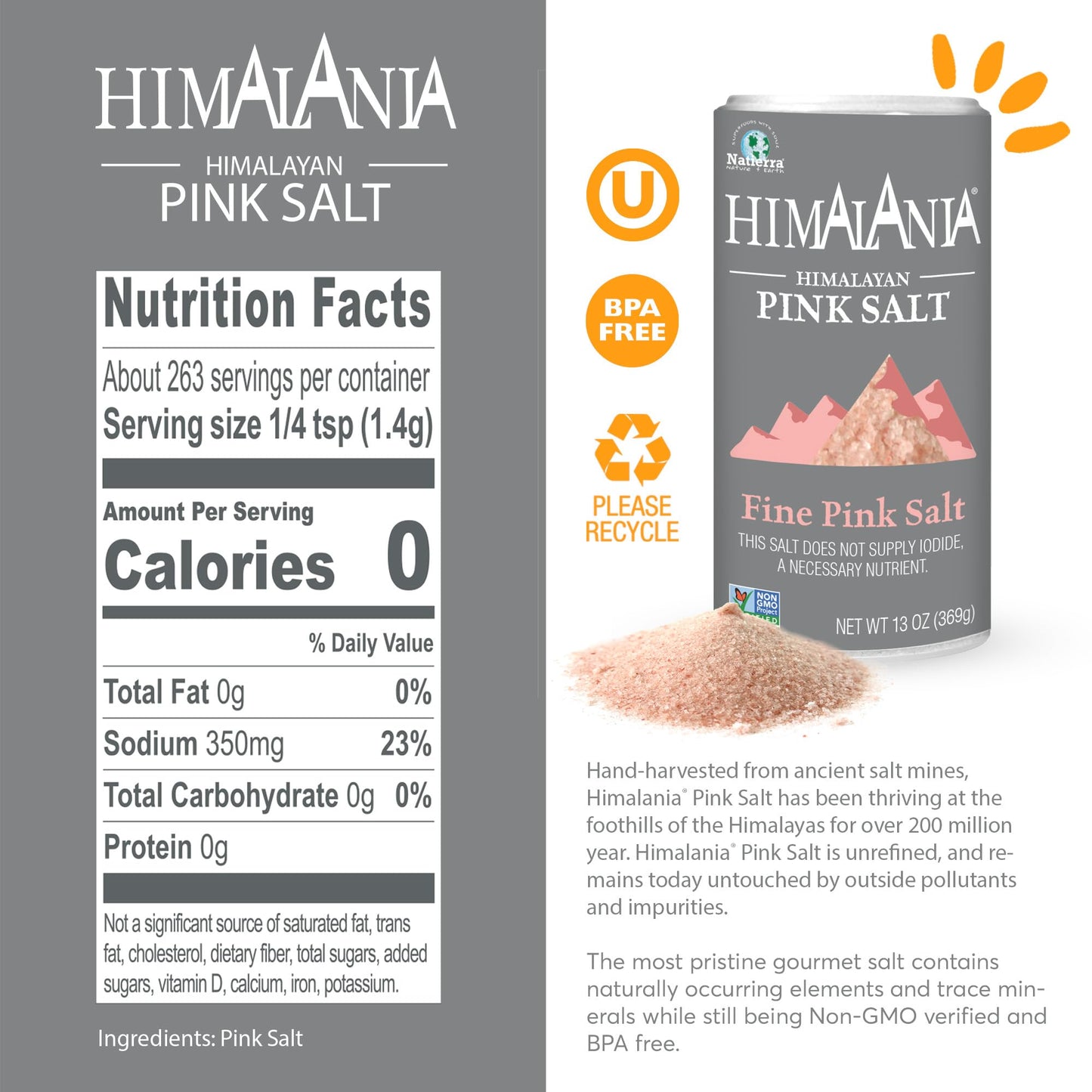 Natierra Himalania Himalayan Shaker, Fine Pink Salt, 13 Ounce