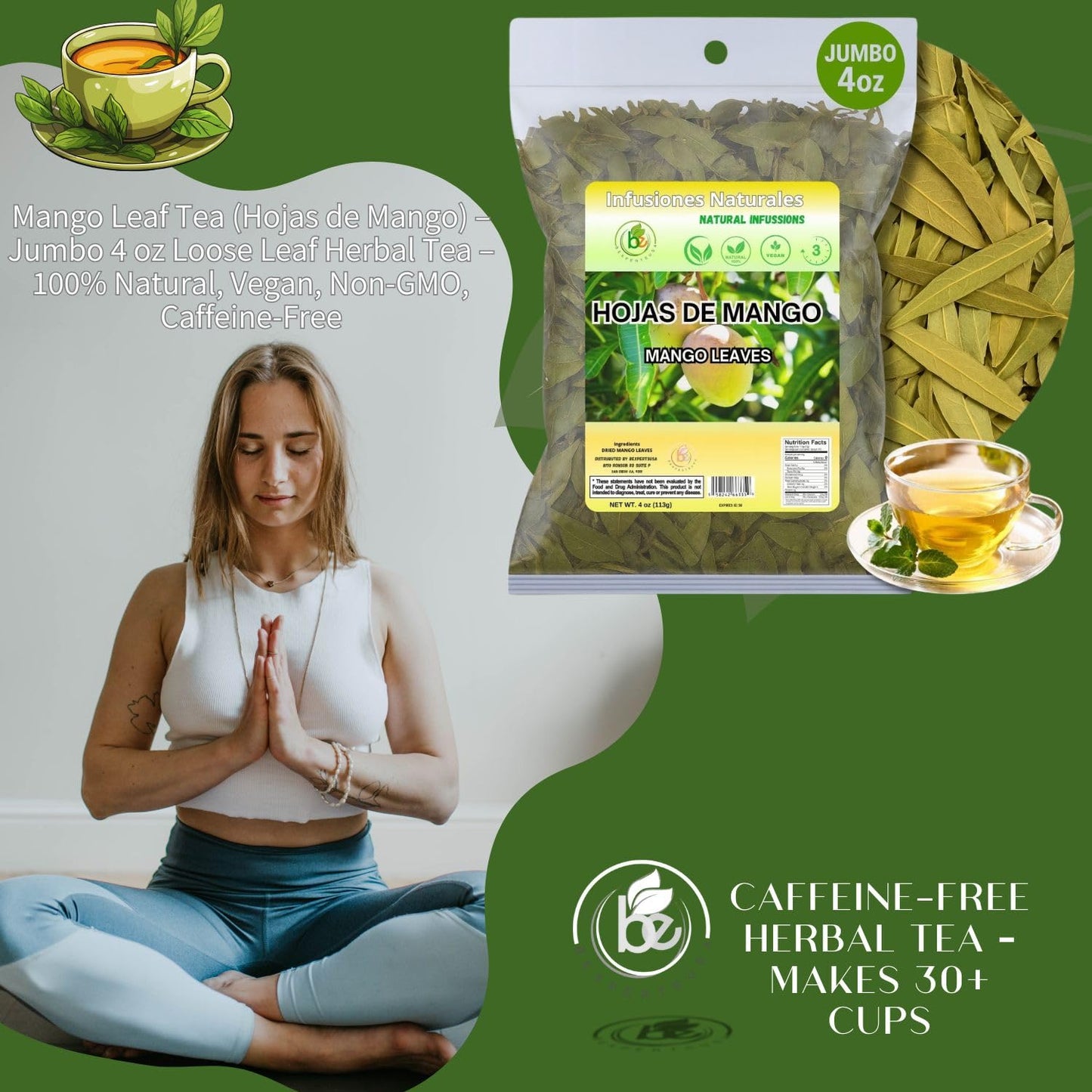 Mango Dried Leaf Tea (Hojas de Mango secas) - Jumbo 4 oz Loose Leaf Herbal Tea - 100% Natural  Vegan  Non-GMO  Caffeine-Free - Traditional Herbal Infusion for Wellness & Relaxation - by BexpertsUSA
