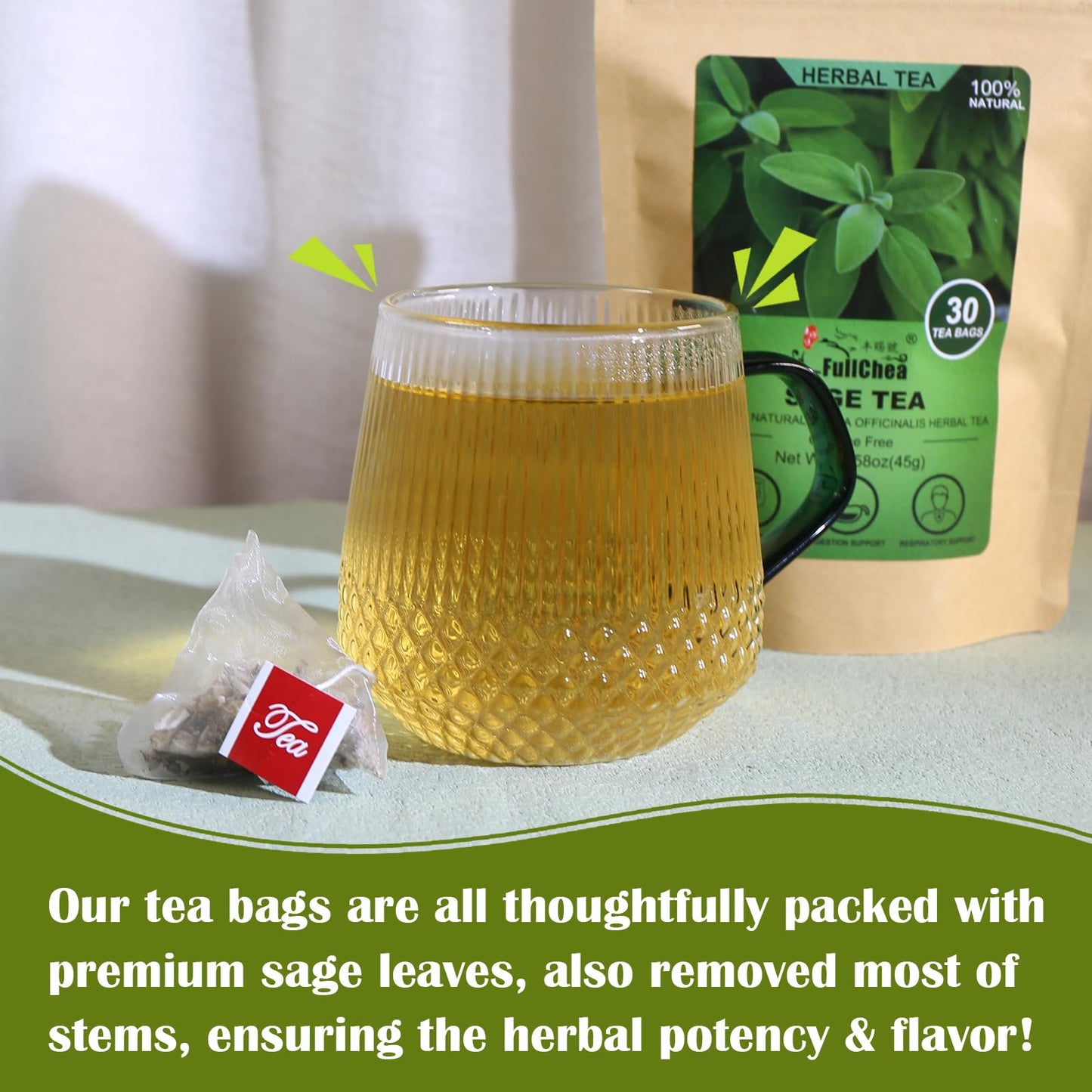 FullChea Sage Tea Bags, Premium Natural Cut & Sifted, Non-GMO, Caffeine-free, 30 Count (Pack of 1)