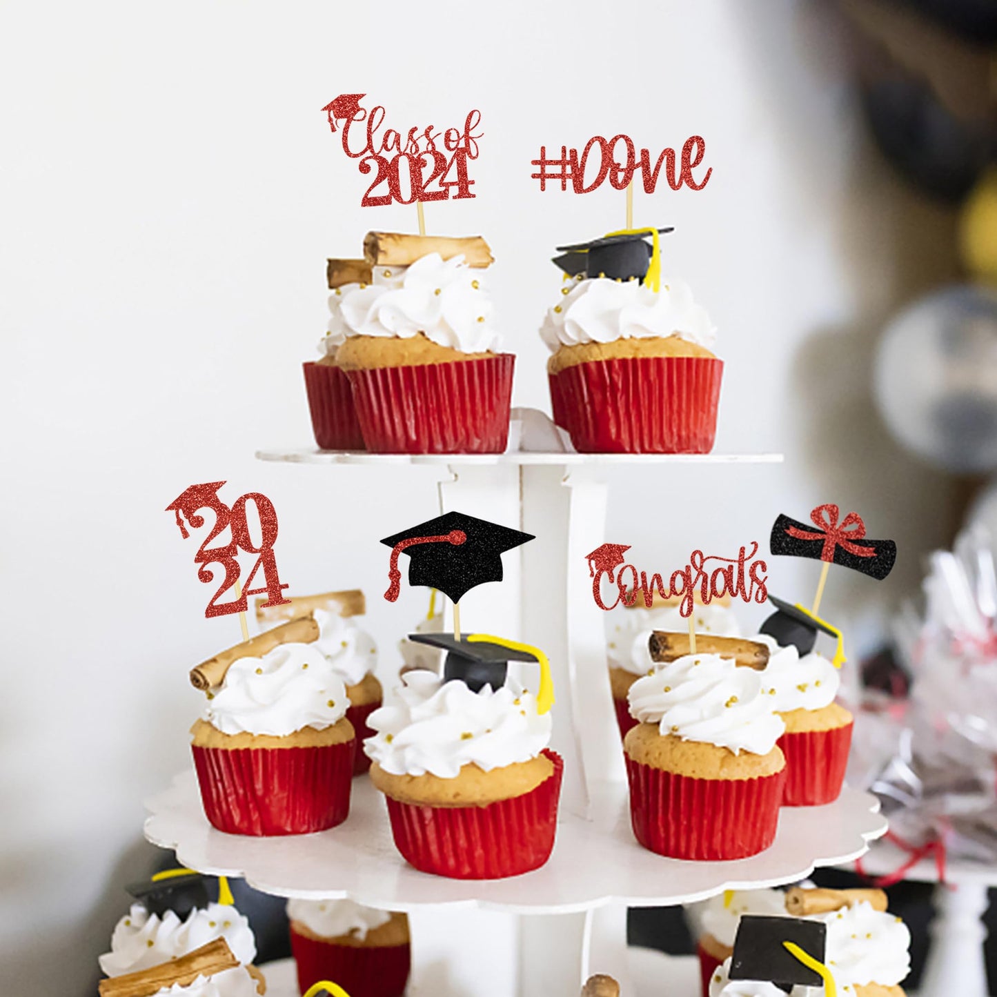 24Pcs Glitter Graduation Cupcake Toppers 2024 Red Cupcake Picks For Graduation Theme Decorations Class Of 2024