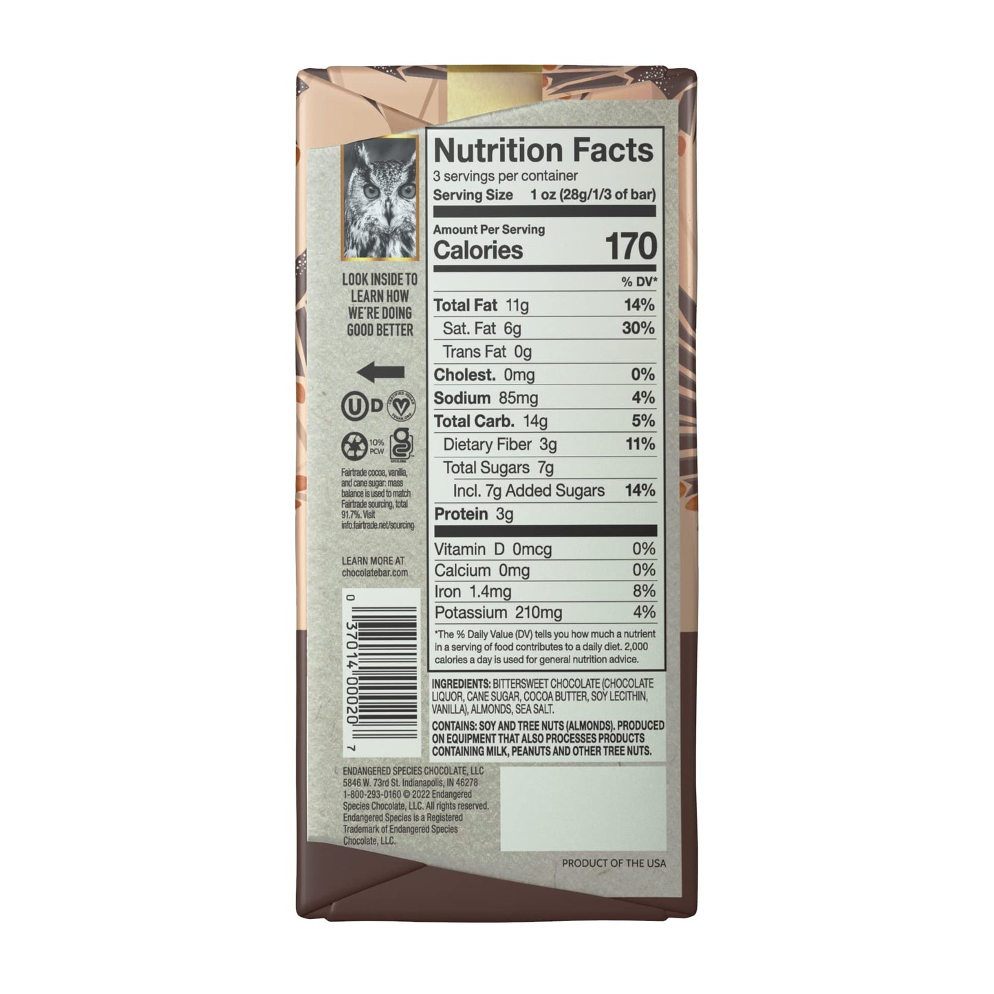 Endangered Species Dark Chocolate Bar W/Sea Salt & Almonds (72% Cocoa)
