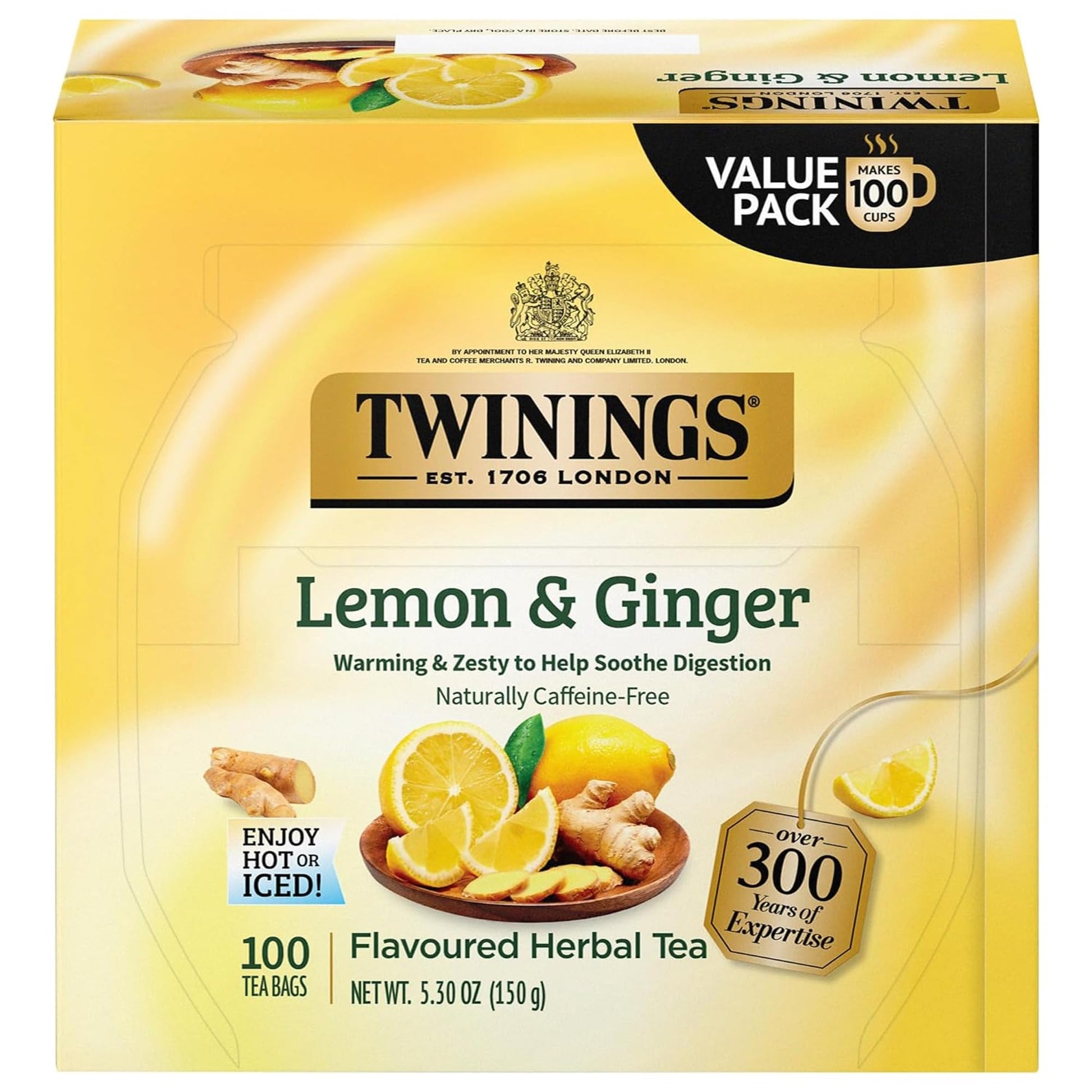 Twinings Herbal Tea - Lemon & Ginger, 100 Individually Wrapped Bags, Naturally Caffeine Free