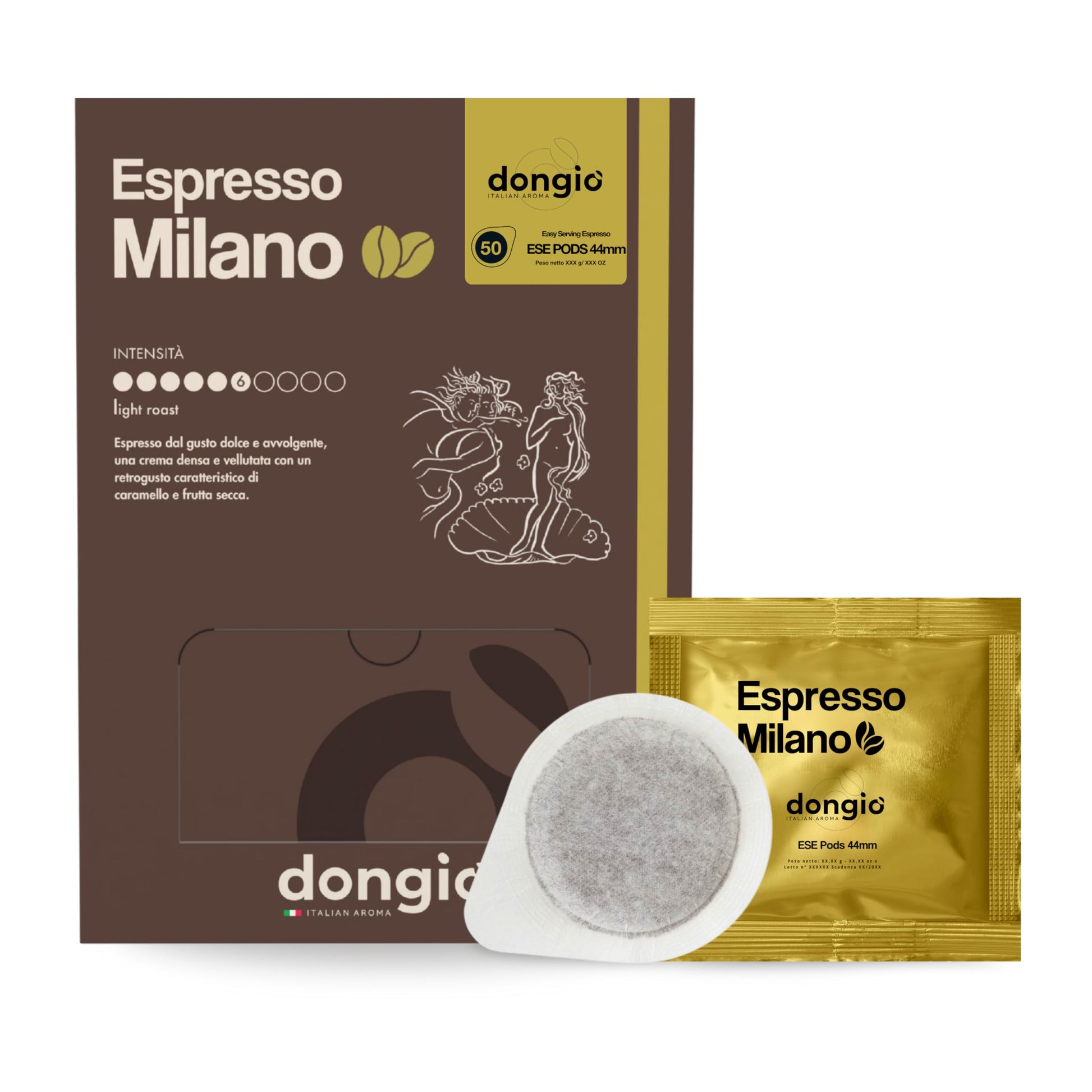 Dongi Caff Espresso Milano - 50 Easy Serving Espresso Pods (Ese 44Mm) - Med-Light Roast Coffee (Intensity 6/10) - Roasted And Blended In Italy