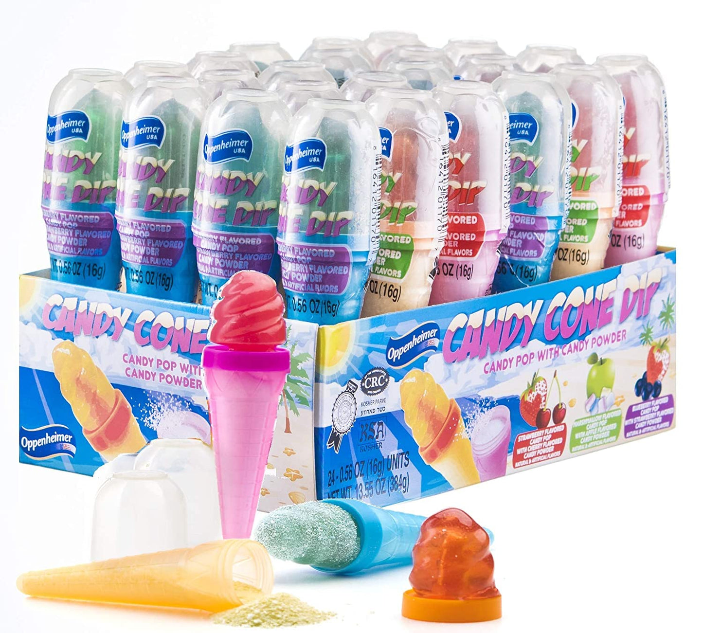 Ice Cream Cone Shaped Candy Dippers 24-Pack - Candy Pop With Flavored Candy Powder Cones In Assorted Colors (Kosher, Net Wt 13.55 Oz, 384G)