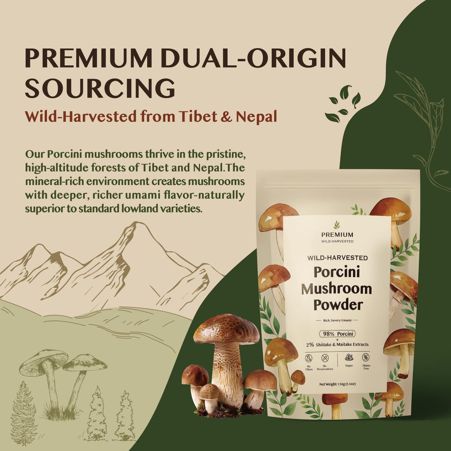 HUICHAO Premium Porcini Mushroom Powder, 98% Porcini, Vegan, Gluten-Free, 150g