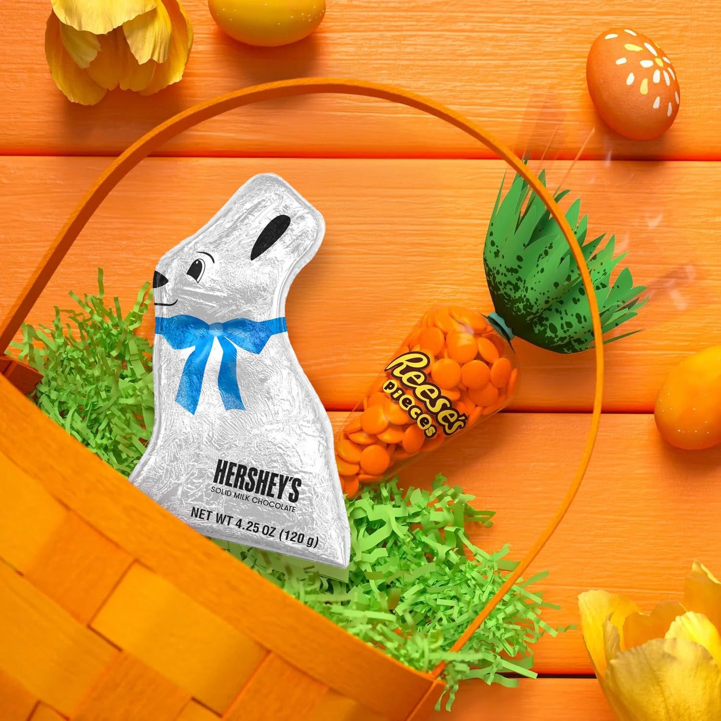 Hershey Solid Milk Chocolate Bunny & Pieces Carrot Bag - Large Wrapped Bunny With Chocolate Candy In A Crunchy Shell For Basket