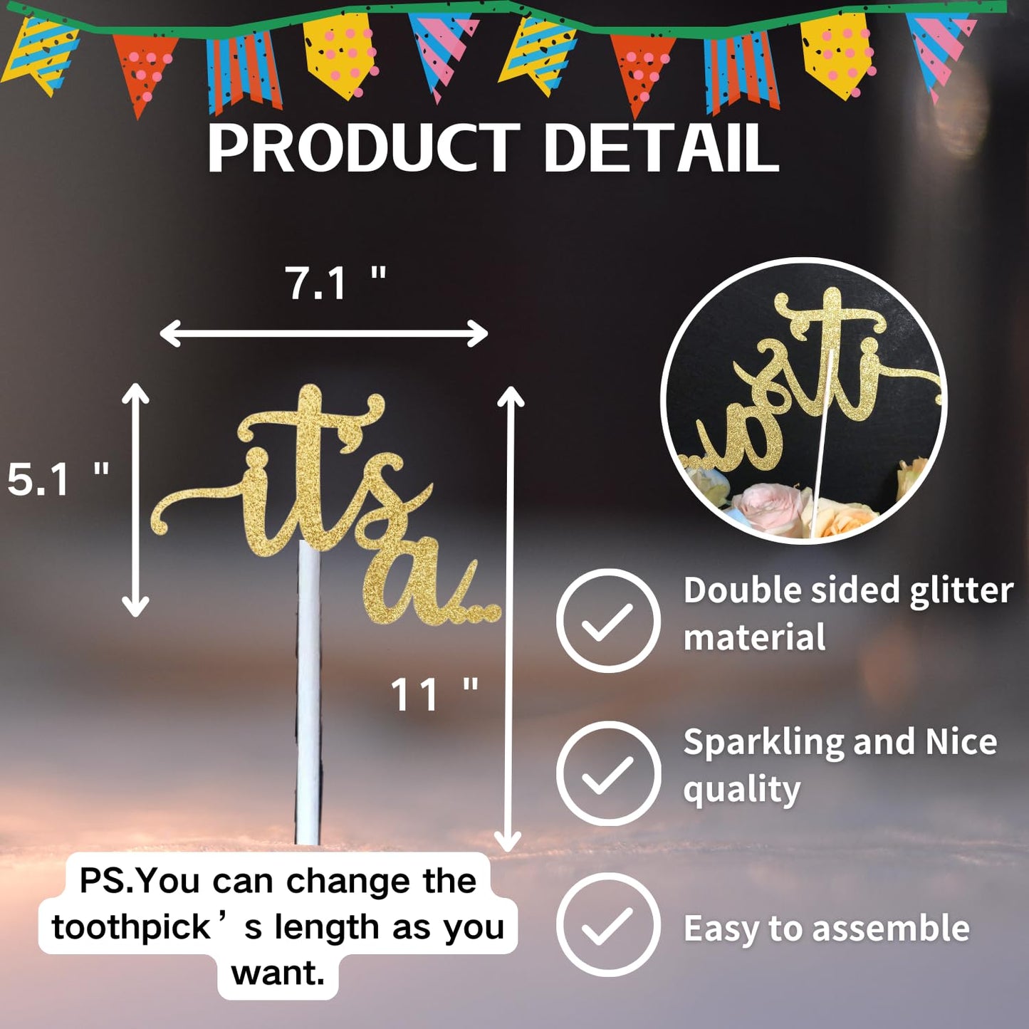 Alissar Glitter Double Sided Gold Gender Reveal Cake Topper, It'S A Cake Topper For Boy Or Girl Baby Reveal Party Decorations(Do