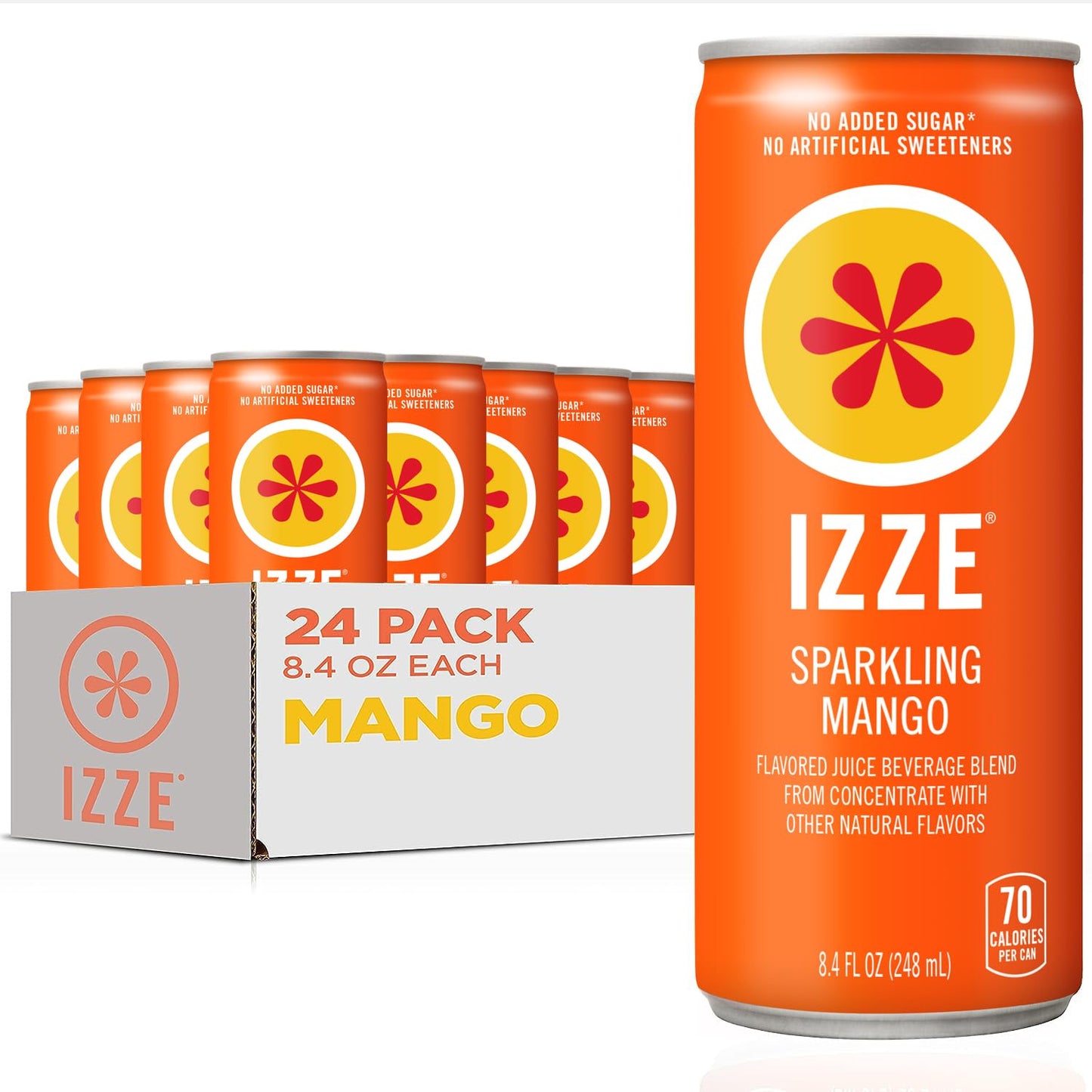 IZZE Sparkling Water Juice Beverage Blend, Mango, No Sugar Added, 8.4 FL OZ, 24 Cans