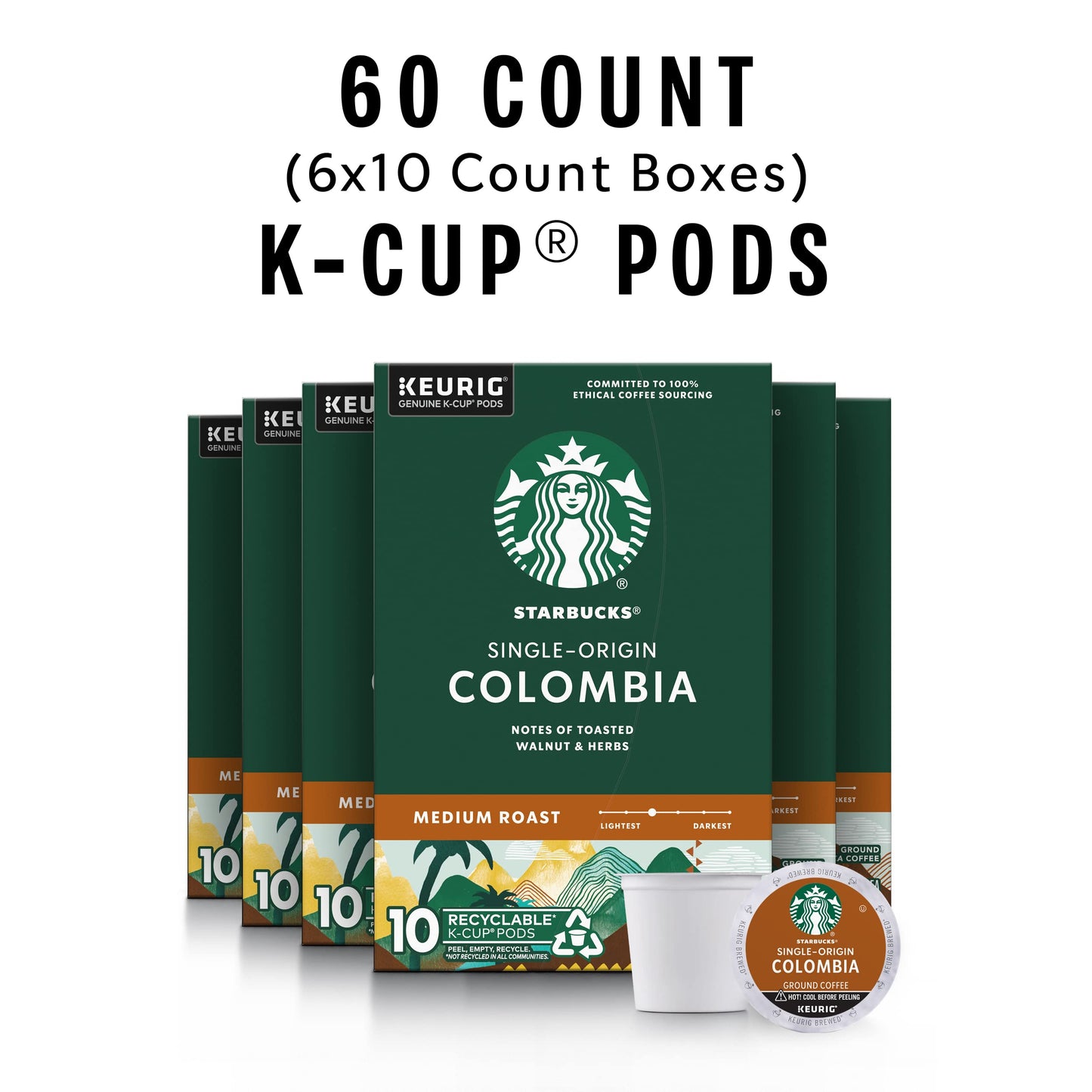 Starbucks K-Cup Coffee Pods, Medium Roast Coffee, Colombia, 100% Arabica, 6 Boxes (60 Pods Total)