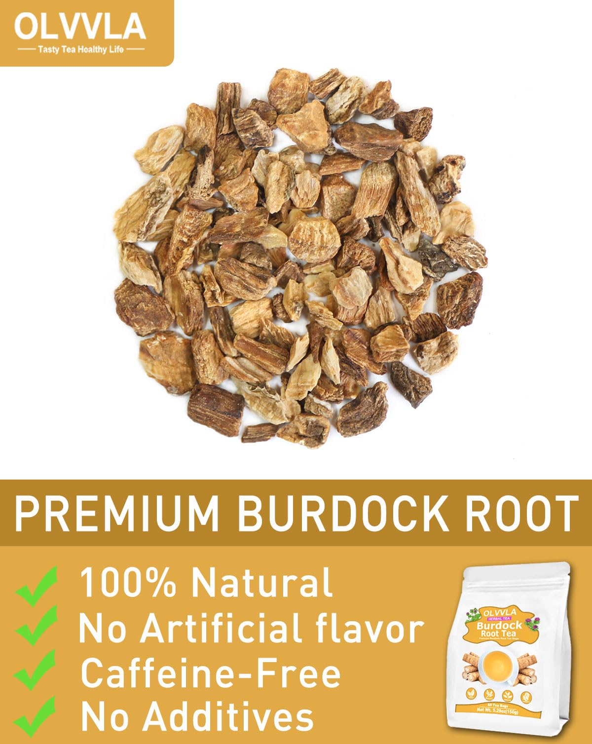Olvvla Premium Burdock Root Tea - 60 Count - 100% Pure Herbal Tea Bags - Caffeine-Free - Digestive Support