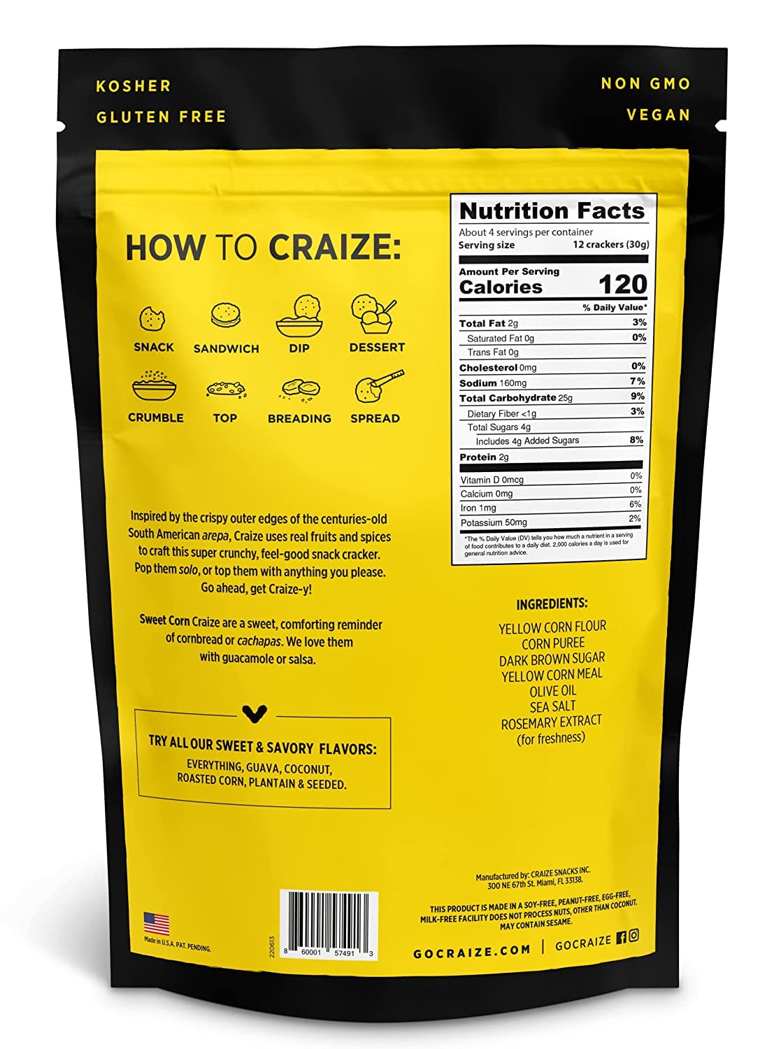 Craize Sweet Corn Crisps | Gluten Free, Vegan, Kosher, Toasted Corn Crackers | 4 oz each