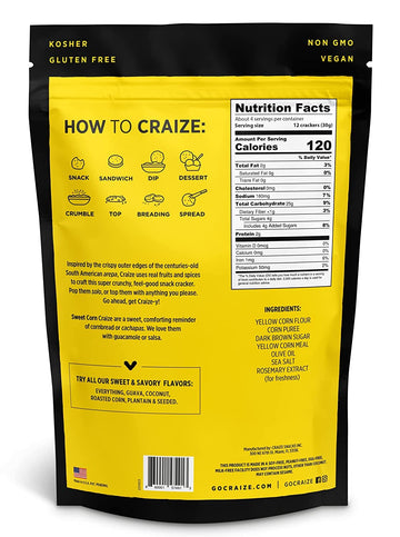 Craize Sweet Corn Crisps | Gluten Free, Vegan, Kosher, Toasted Corn Crackers | 4 oz each