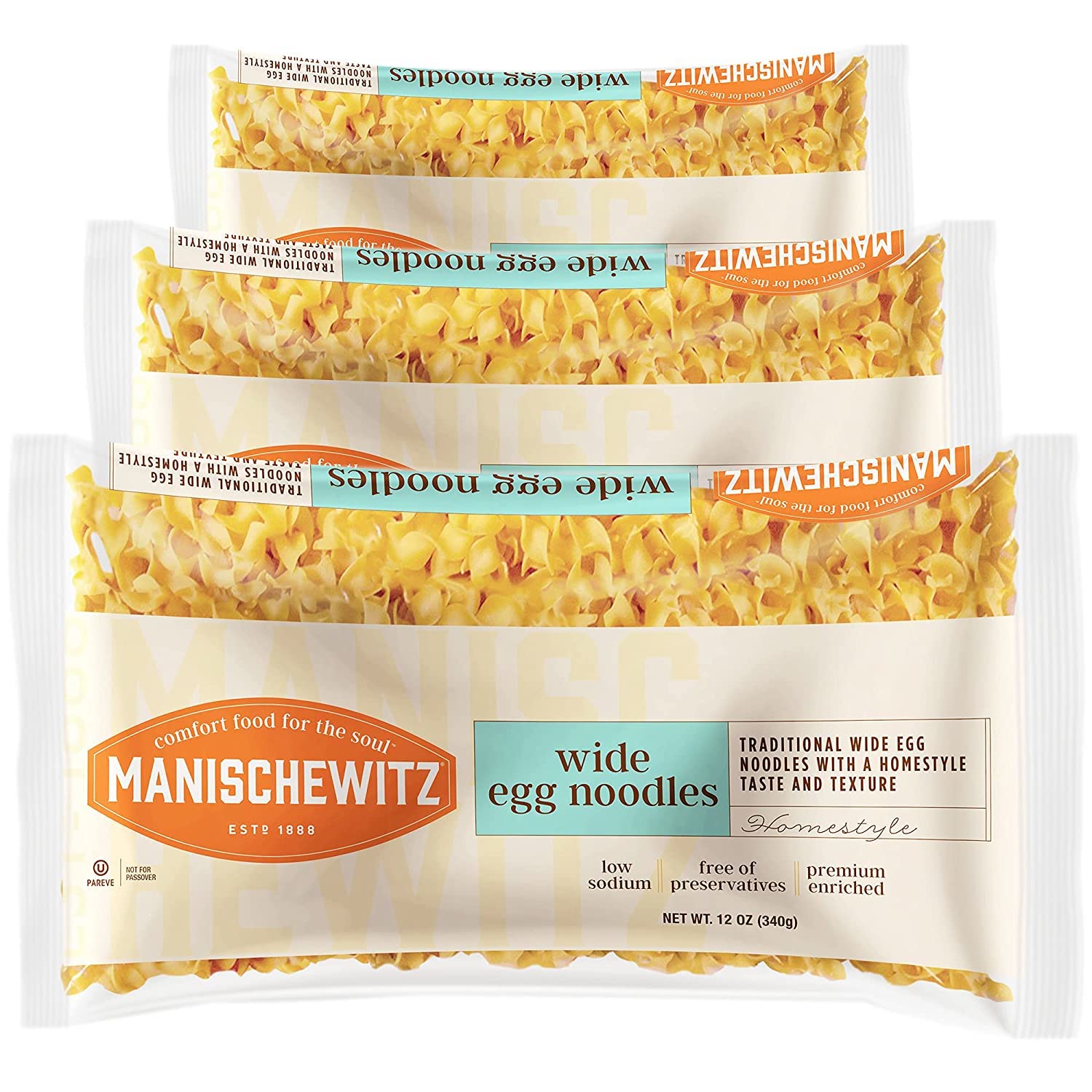 Manischewitz Wide Egg Noodles 12Oz (3 Pack) | Homestyle Taste & Texture, Premium Enriched, Low Sodium, No Preservatives