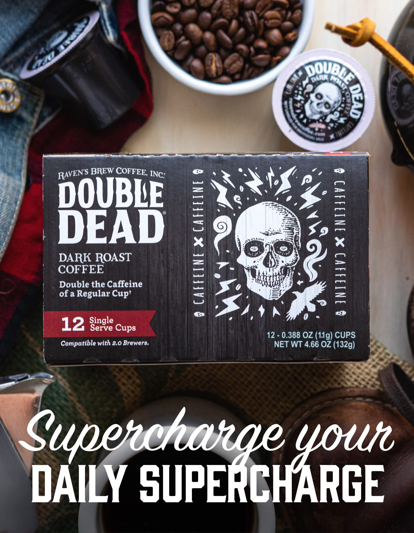 Ravens Brew Coffee High Caffeine Dark Roast K-Cup Pods, 12 Count, Compatible with Keurig
