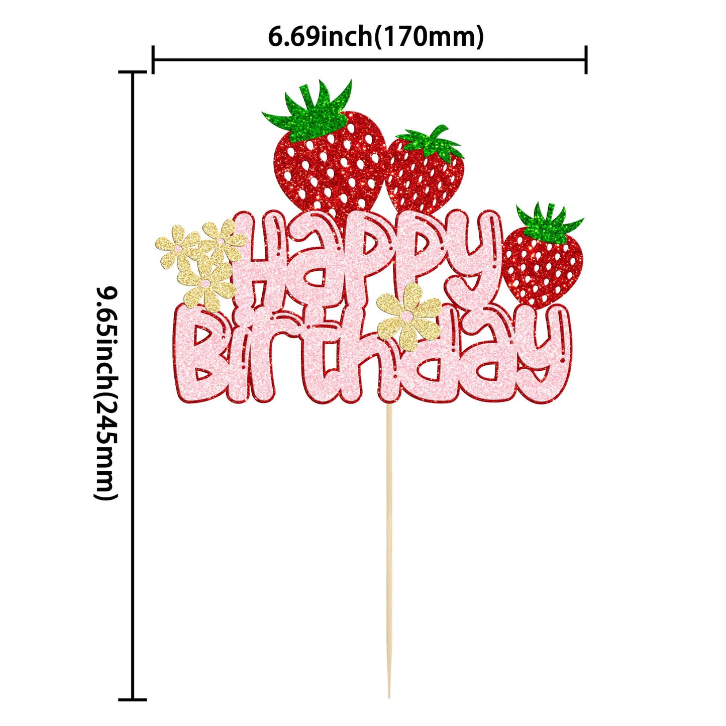 1 Pack Happy Birthday Cake Topper Glitter Strawberry Cake Pick For Fruit Theme Baby Shower Kids Birthday Party Strawberry Fruit