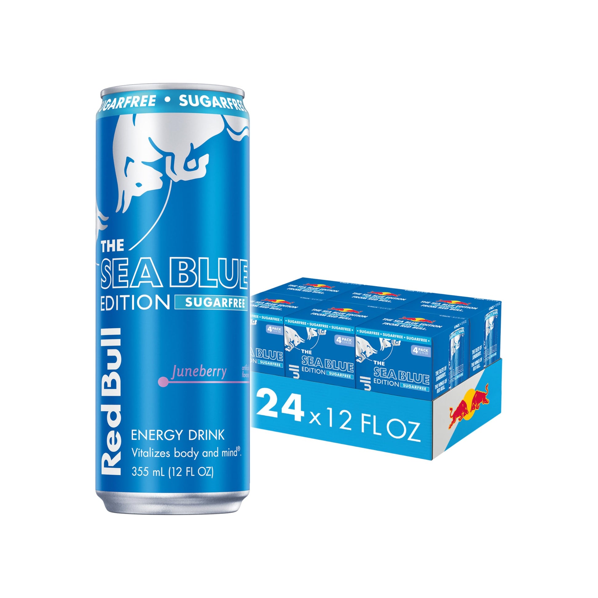 Red Bull Sea Blue Edition Sugar Free Energy Drink  Juneberry  12 Fl. Oz.  6 X 4 Cans  Pack Of 24 Cans  With 114Mg Energy Blend  Taurine & B Vitamins